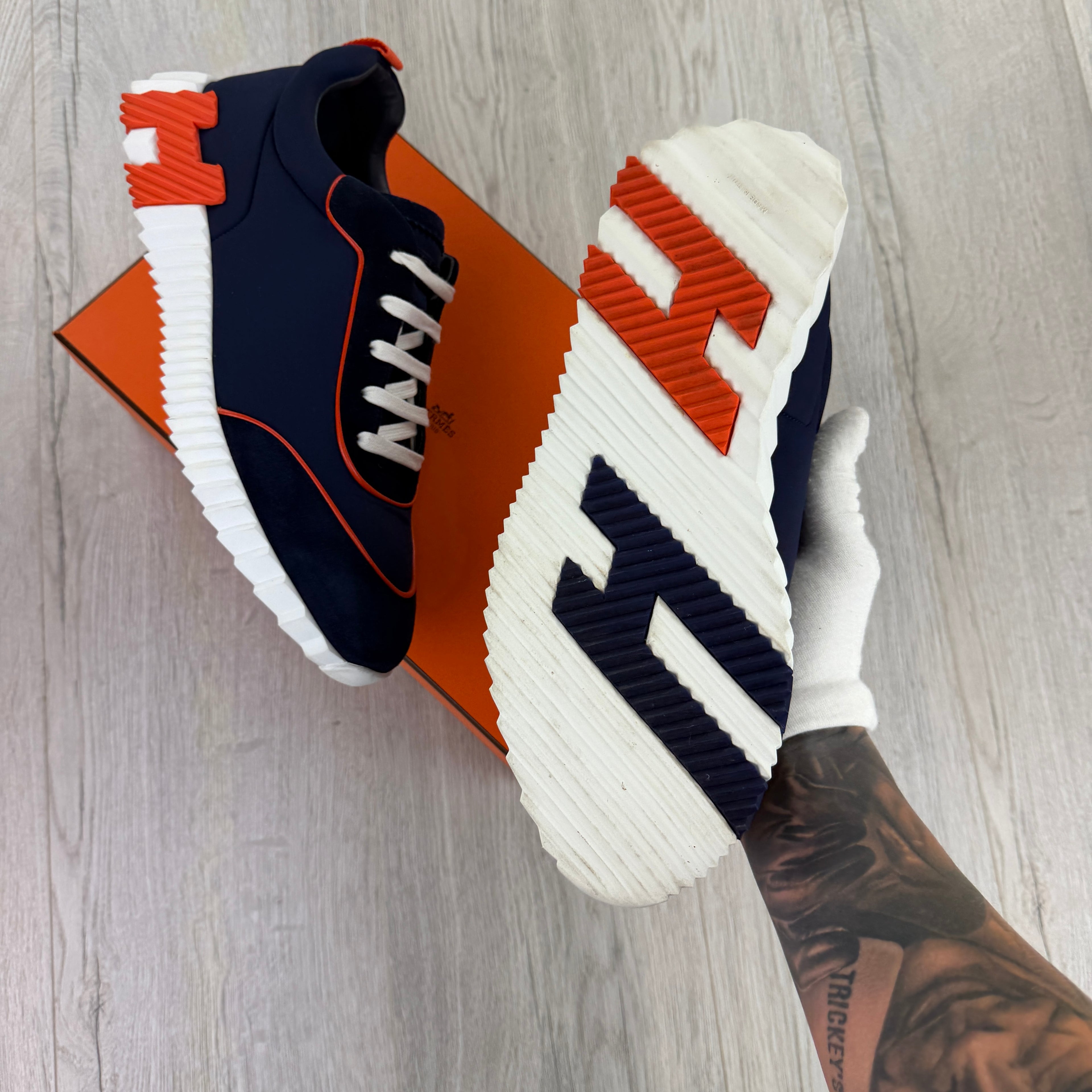 Hermes Men’s Navy Orange Bouncing Sneakers - 45 (Fit Uk 11)