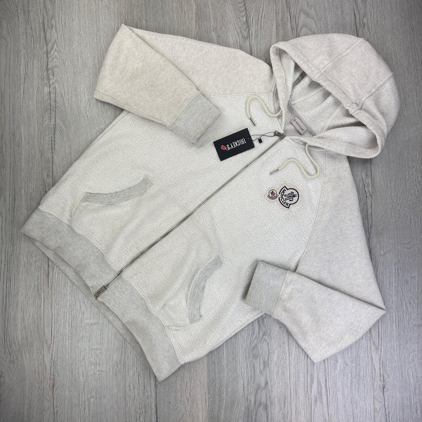 Moncler Men’s Double Badge Zip-up Light Grey Cotton & Shearing Hoodie - XL Slim