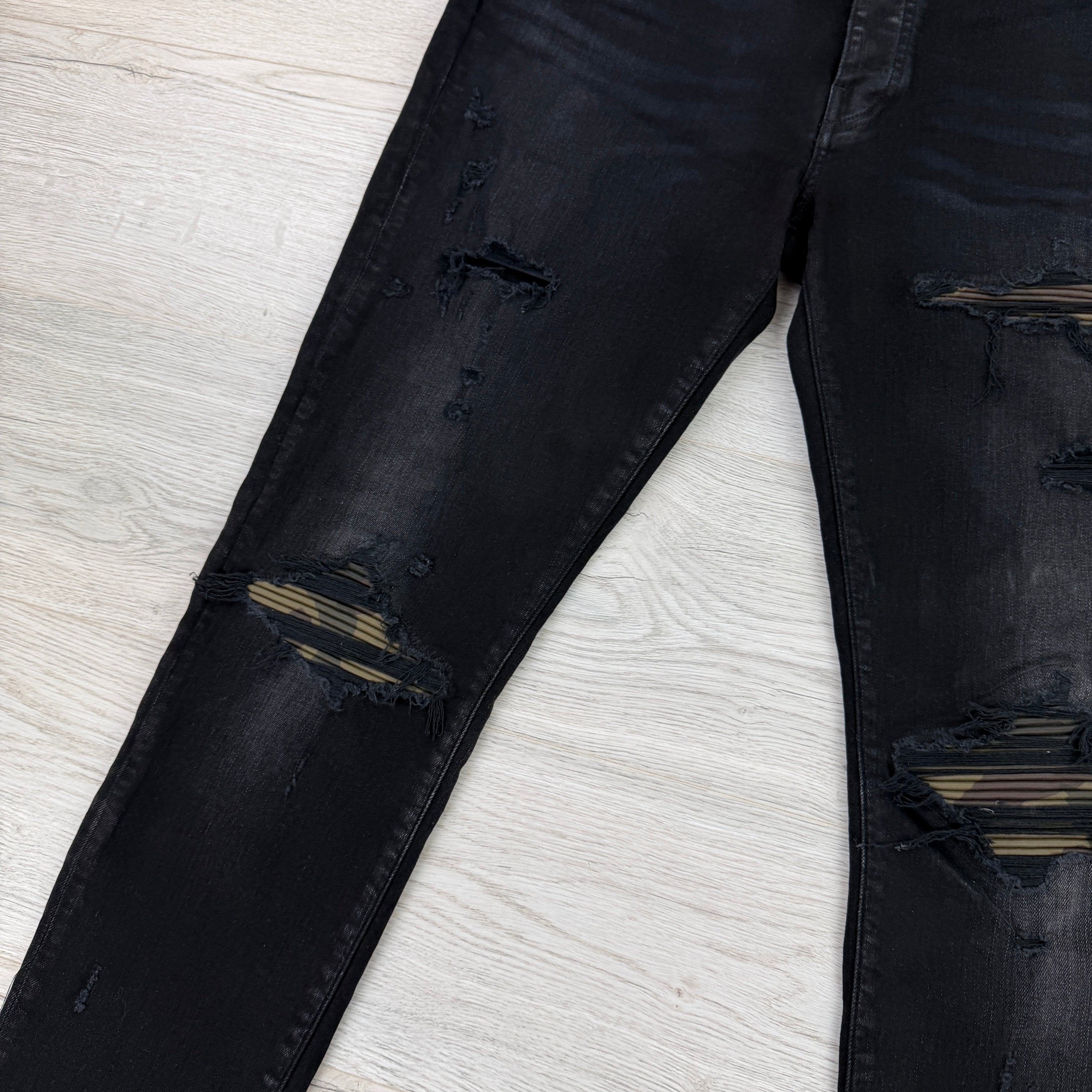 Amiri MX1 Men’s Black Distressed Core Camouflage Applique Jeans - Uk 36