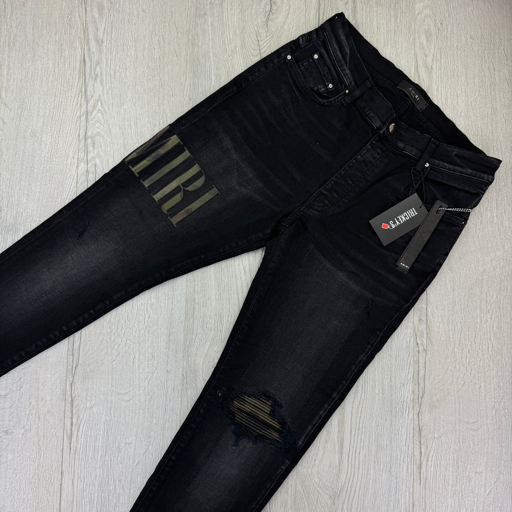 Amiri MX1 Men’s Black Distressed Core Camouflage Applique Jeans