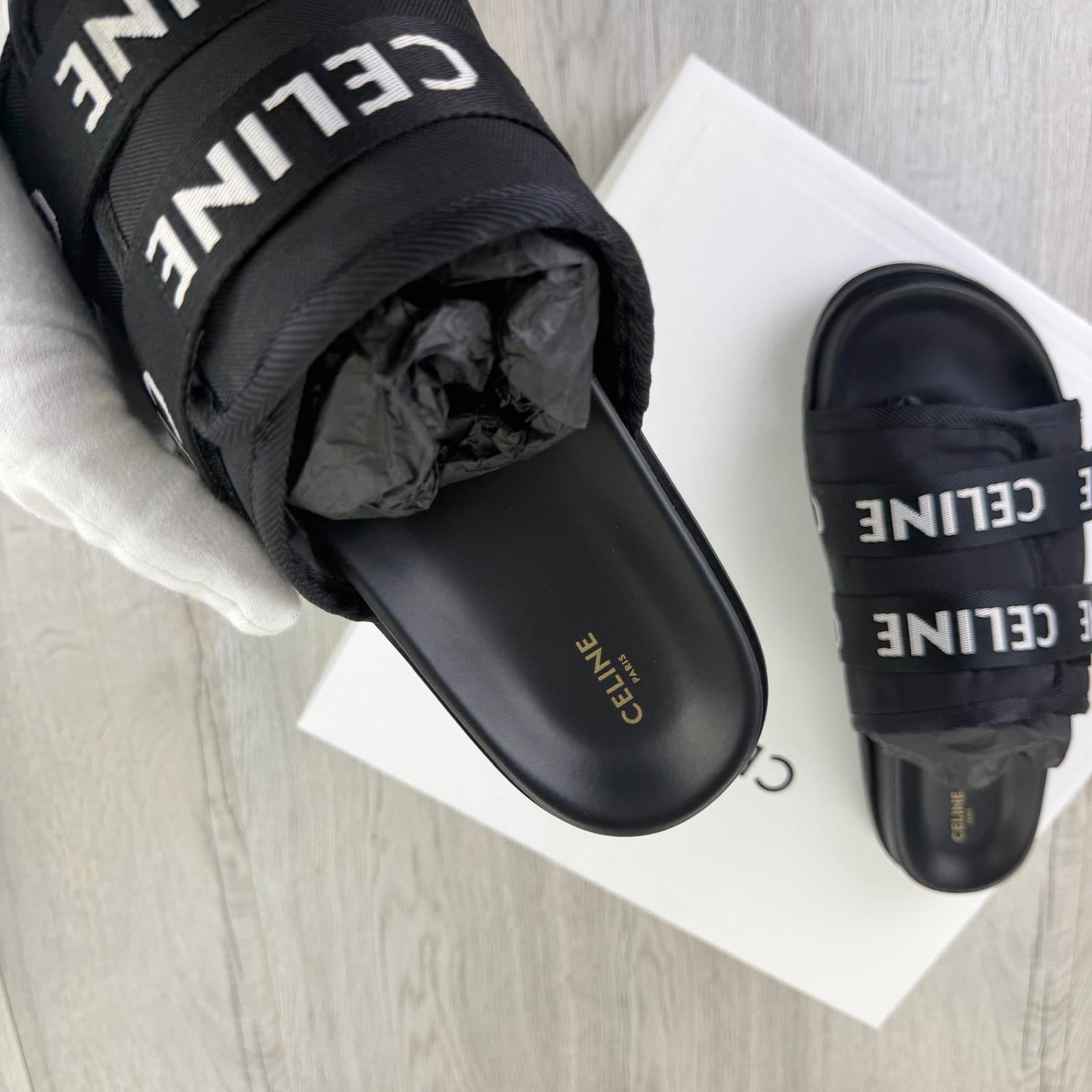 Celine Men’s Black Logo Sandals - Uk 11