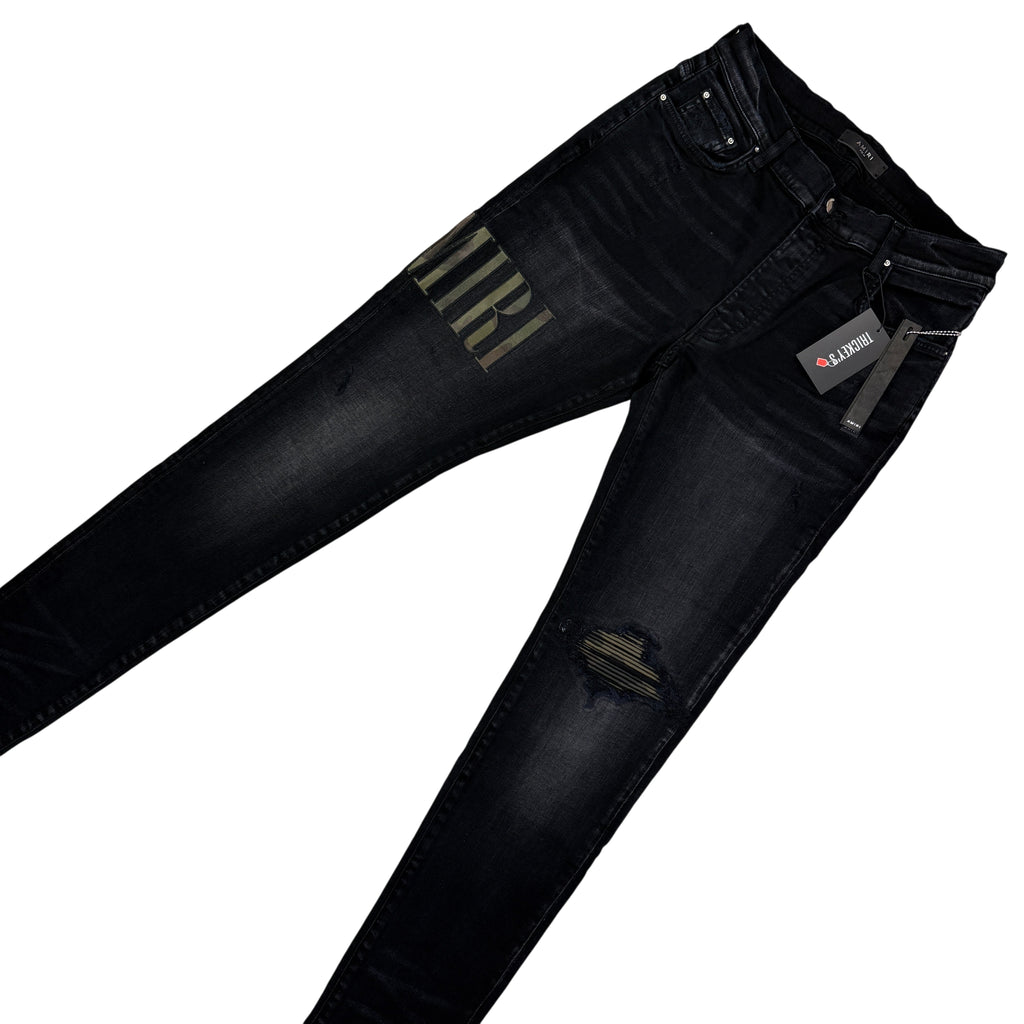 Amiri MX1 Men’s Black Distressed Core Camouflage Applique Jeans