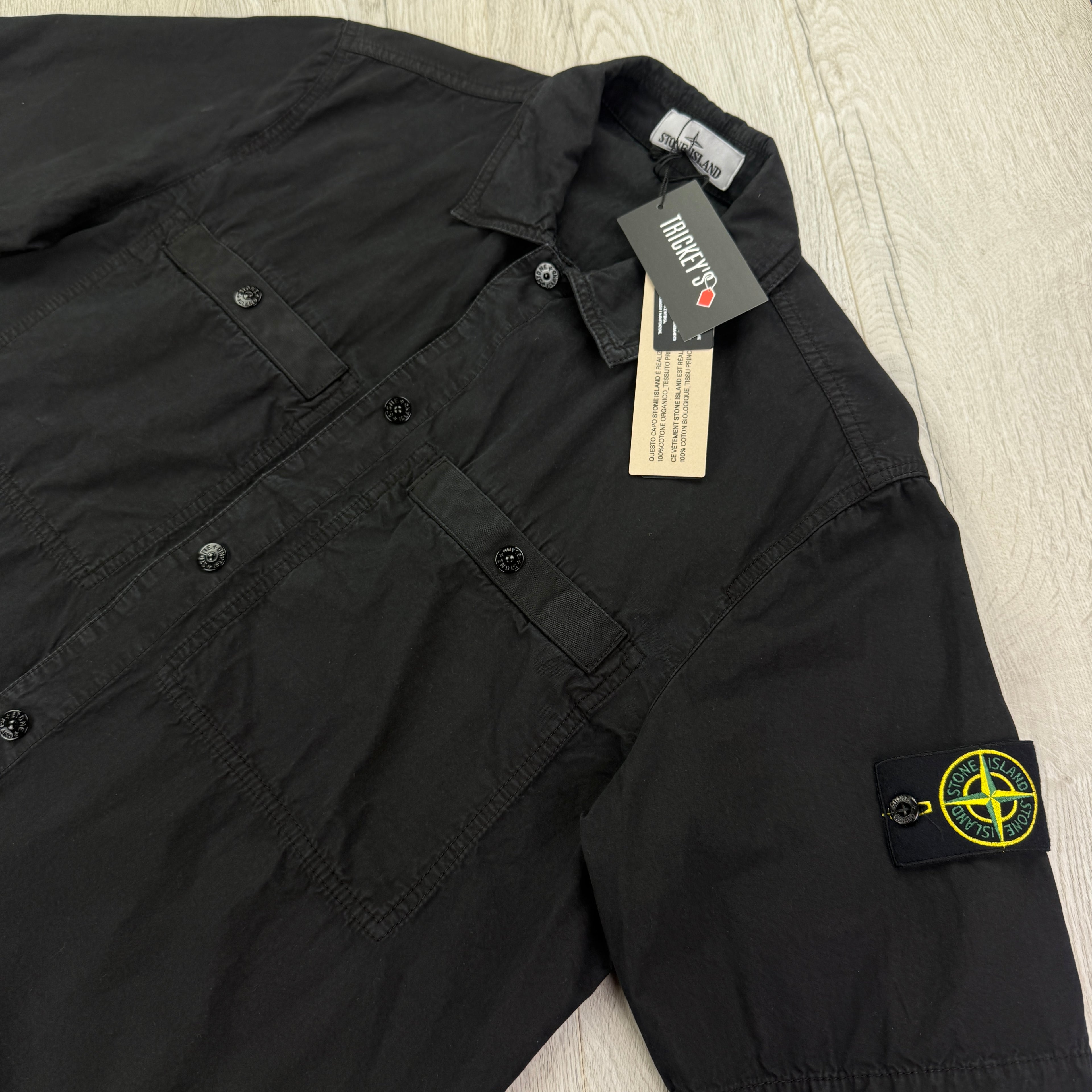 Stone Island Men’s Black Button Up Short Sleeve Shirt With Badge - Medium