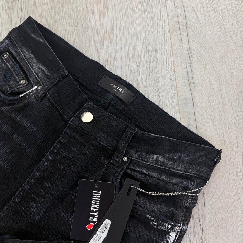 Amiri Men’s MX1 MA Logo Drip Black Distressed Jeans