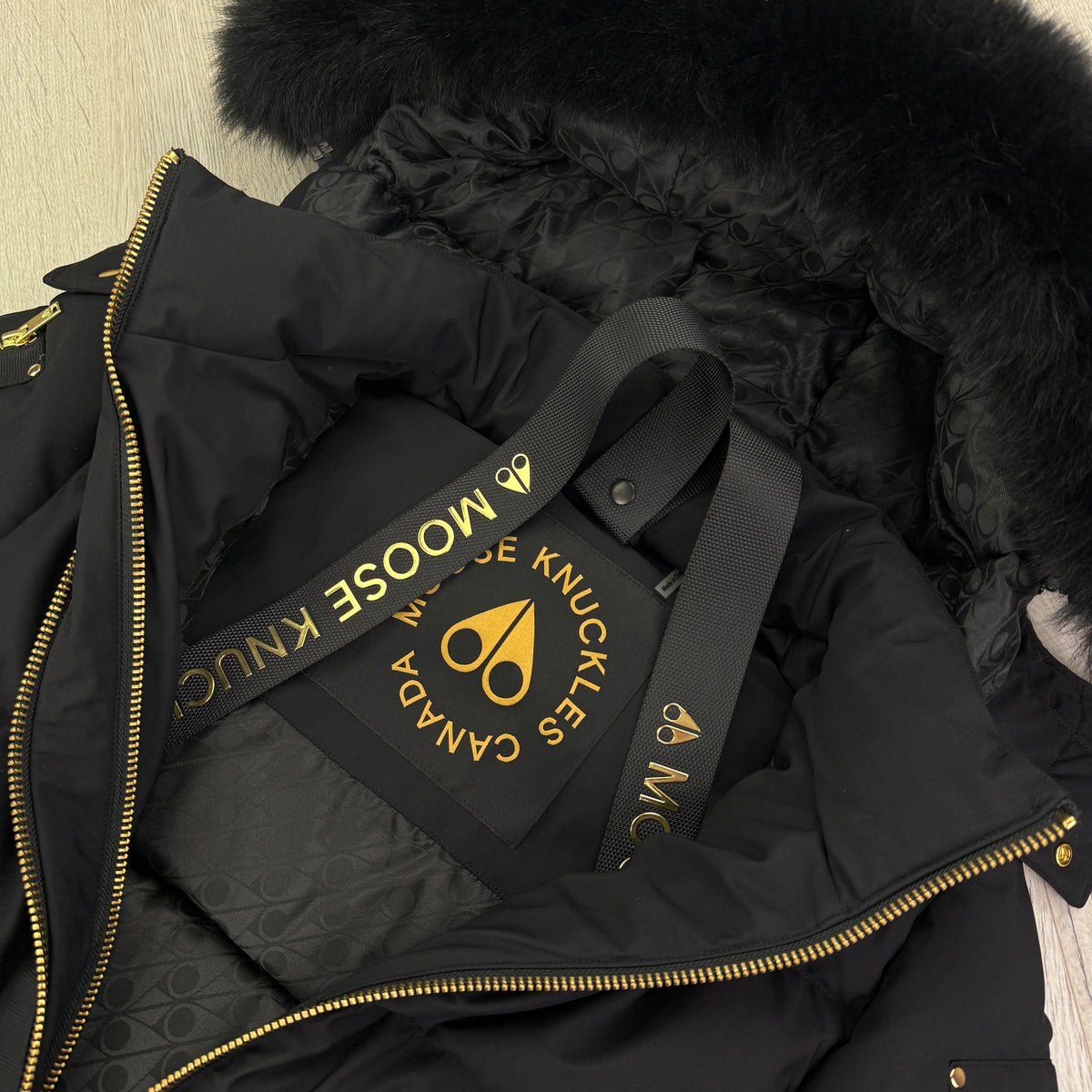 Moose Knuckles Men’s Black & Gold Double Zip Up Stagg Bomber Jacket