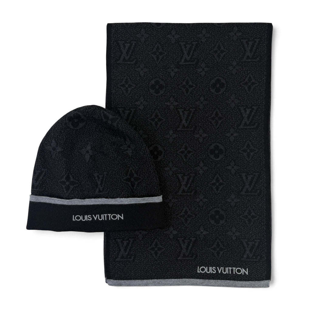 Louis Vuitton Men’s Black Monogram Beanie & Scarf Set