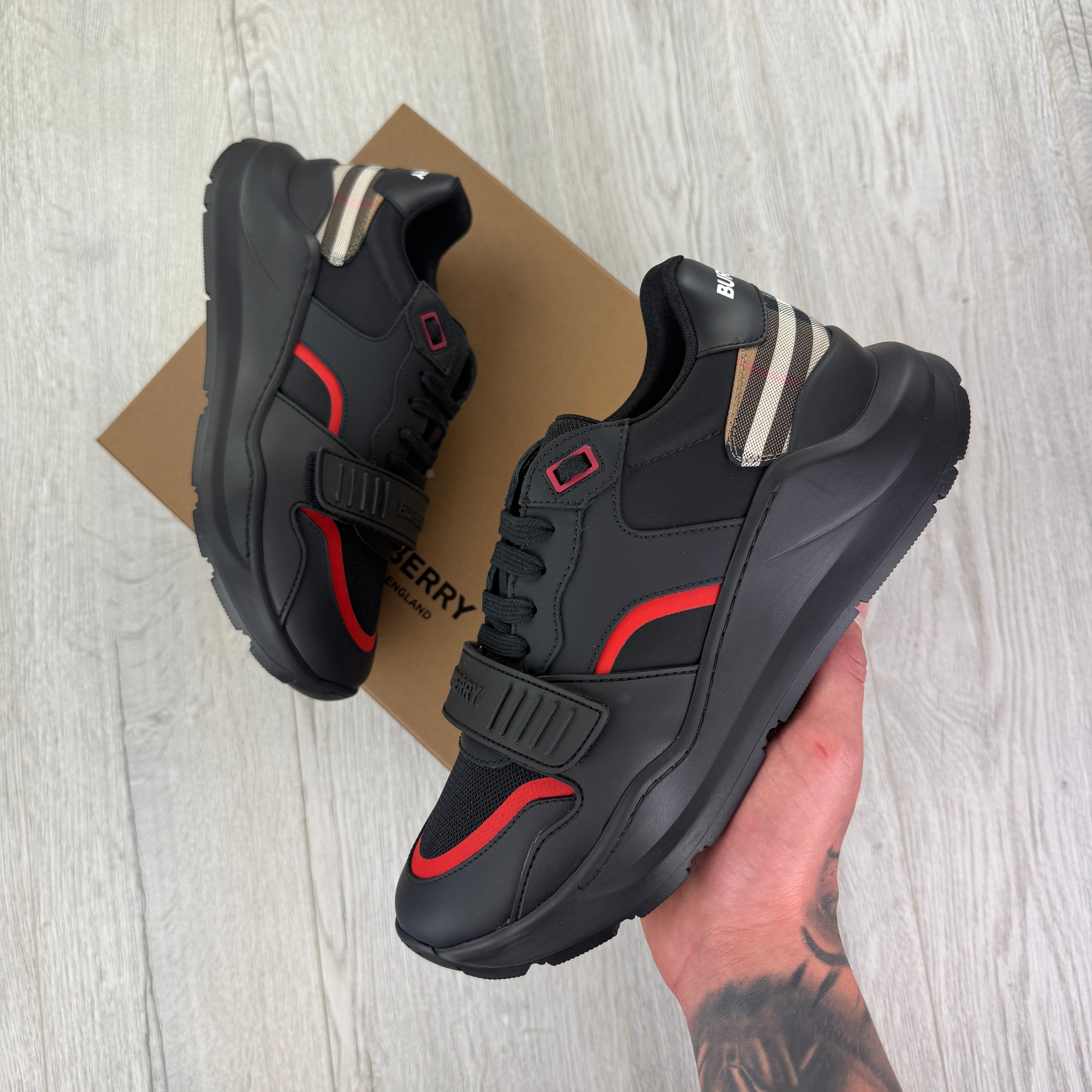 Burberry Men’s Black & Red Ramsey Check Trainers