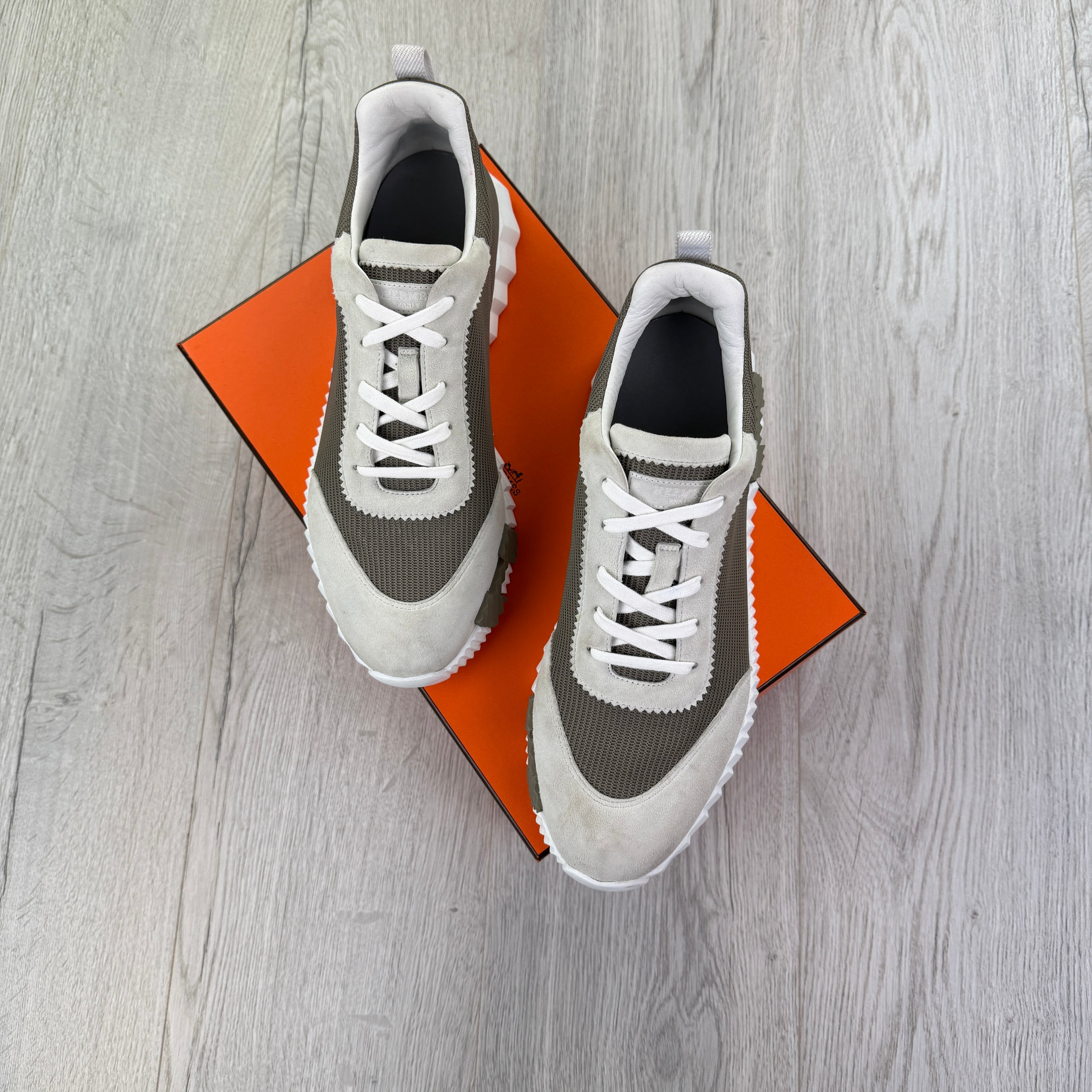 Hermes Men’s Suede Cream/Brown Bouncing Sneakers - Uk 9.5