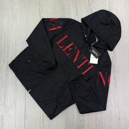 Valentino Men’s Black Windbreaker Jacket Red Logo - Size 50 (Fits Medium)