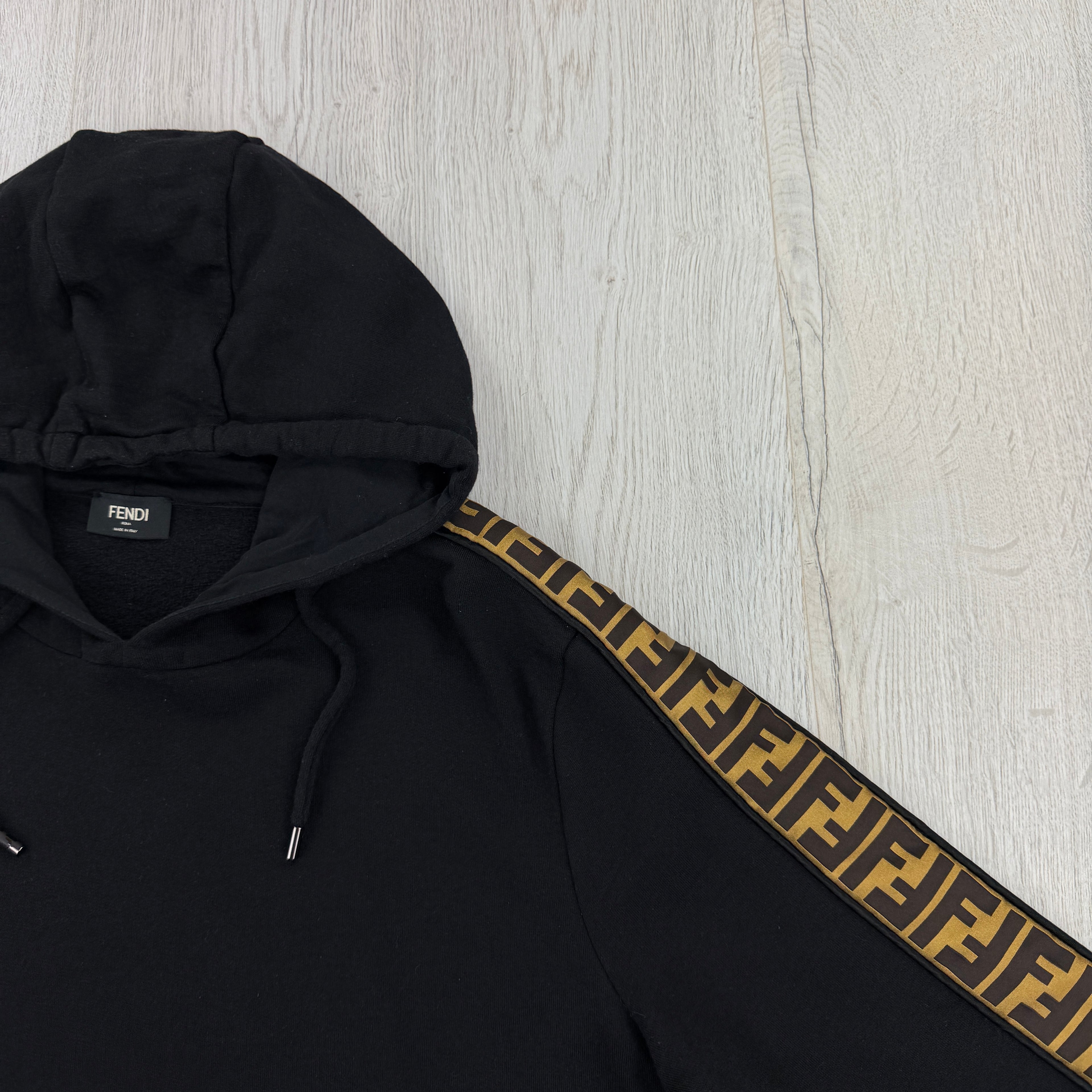 Fendi Men’s Black Pullover Hoodie FF Logo Down Sleeve - Large