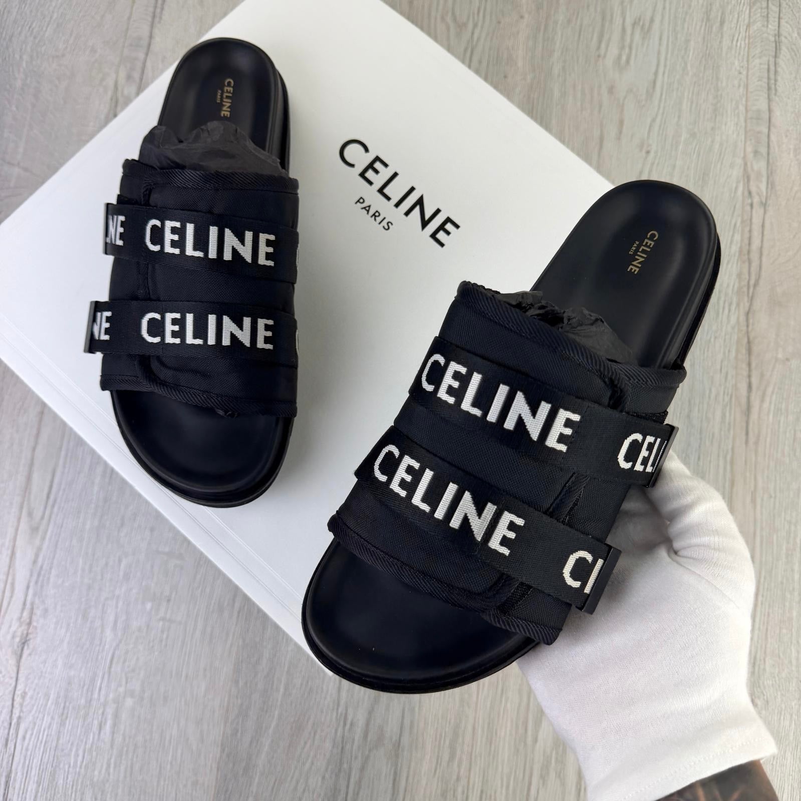Celine Men’s Black Logo Sandals - Uk 11