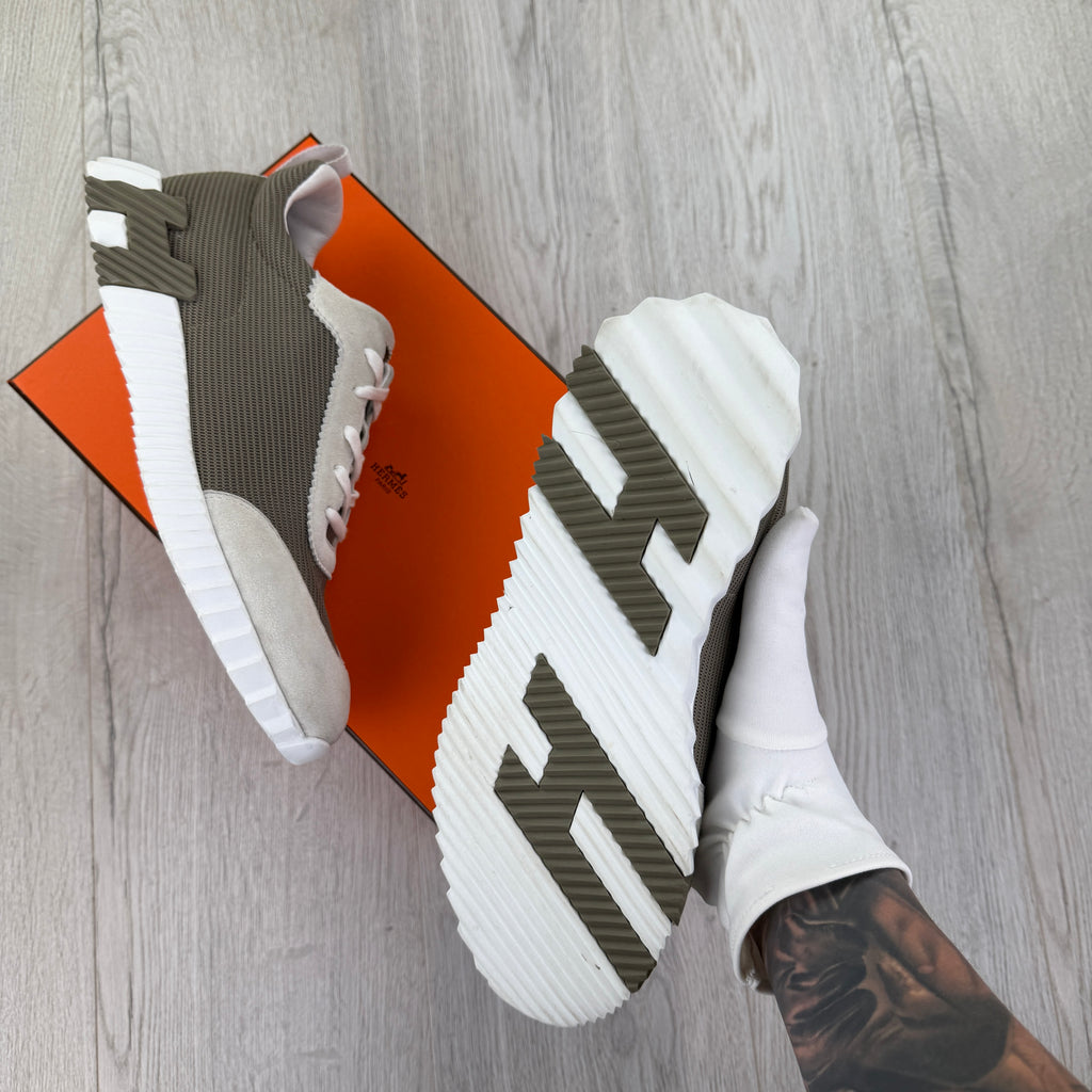 Hermes Men’s Suede Cream/Brown Bouncing Sneakers - Uk 9.5