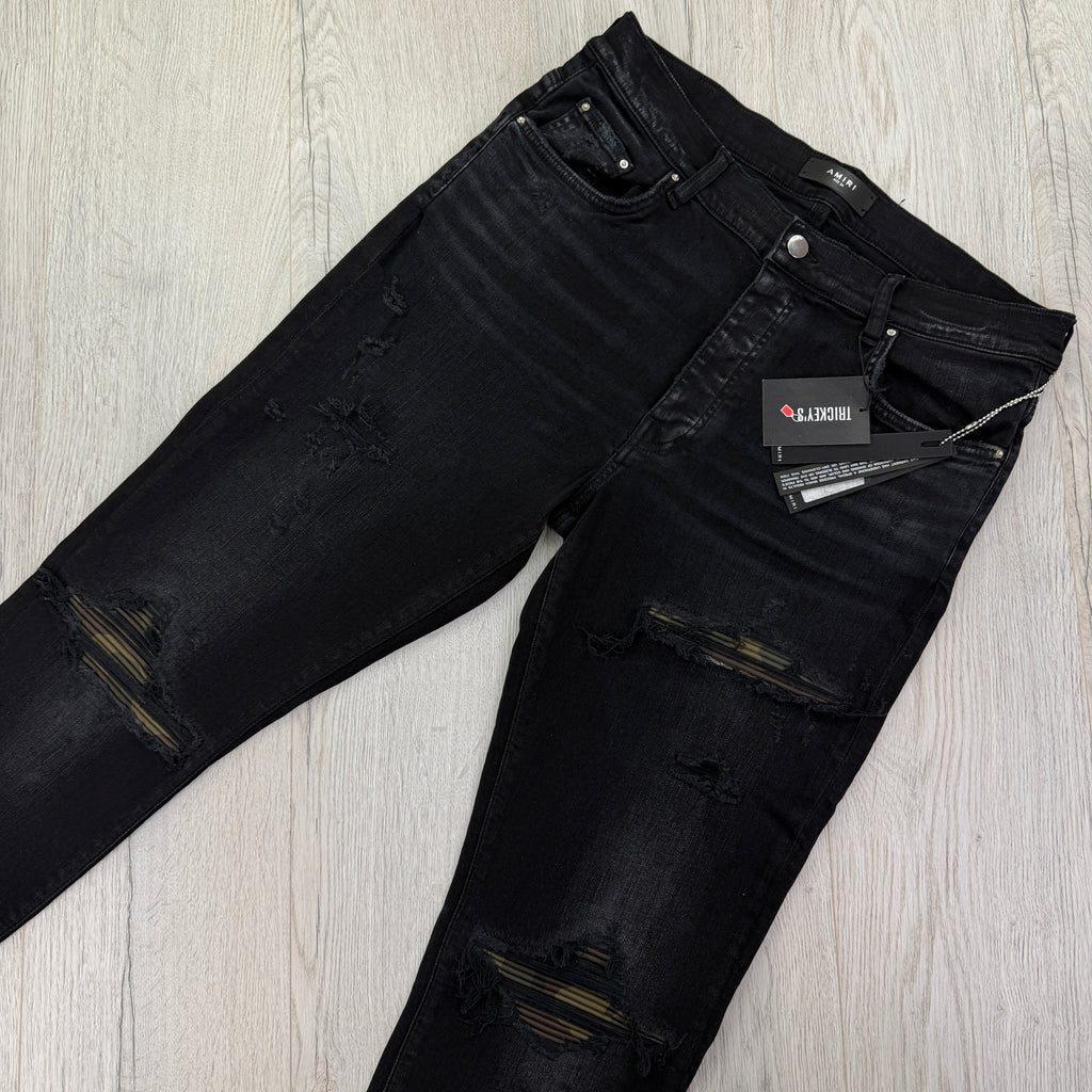 Amiri MX1 Men’s Black Distressed Core Camouflage Applique Jeans