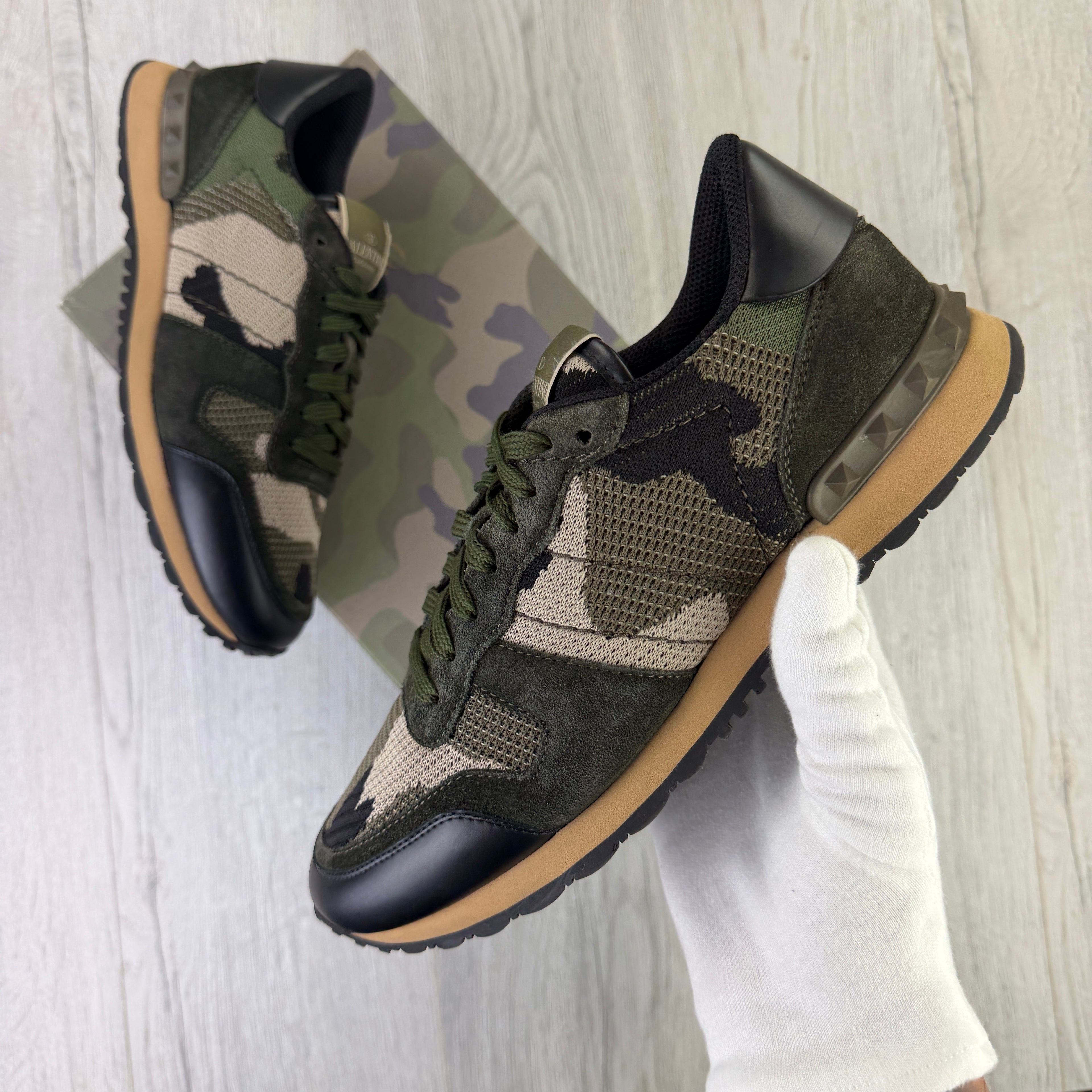 Valentino Men’s Khaki Camo  Mesh Rockrunner Trainers - Uk 7