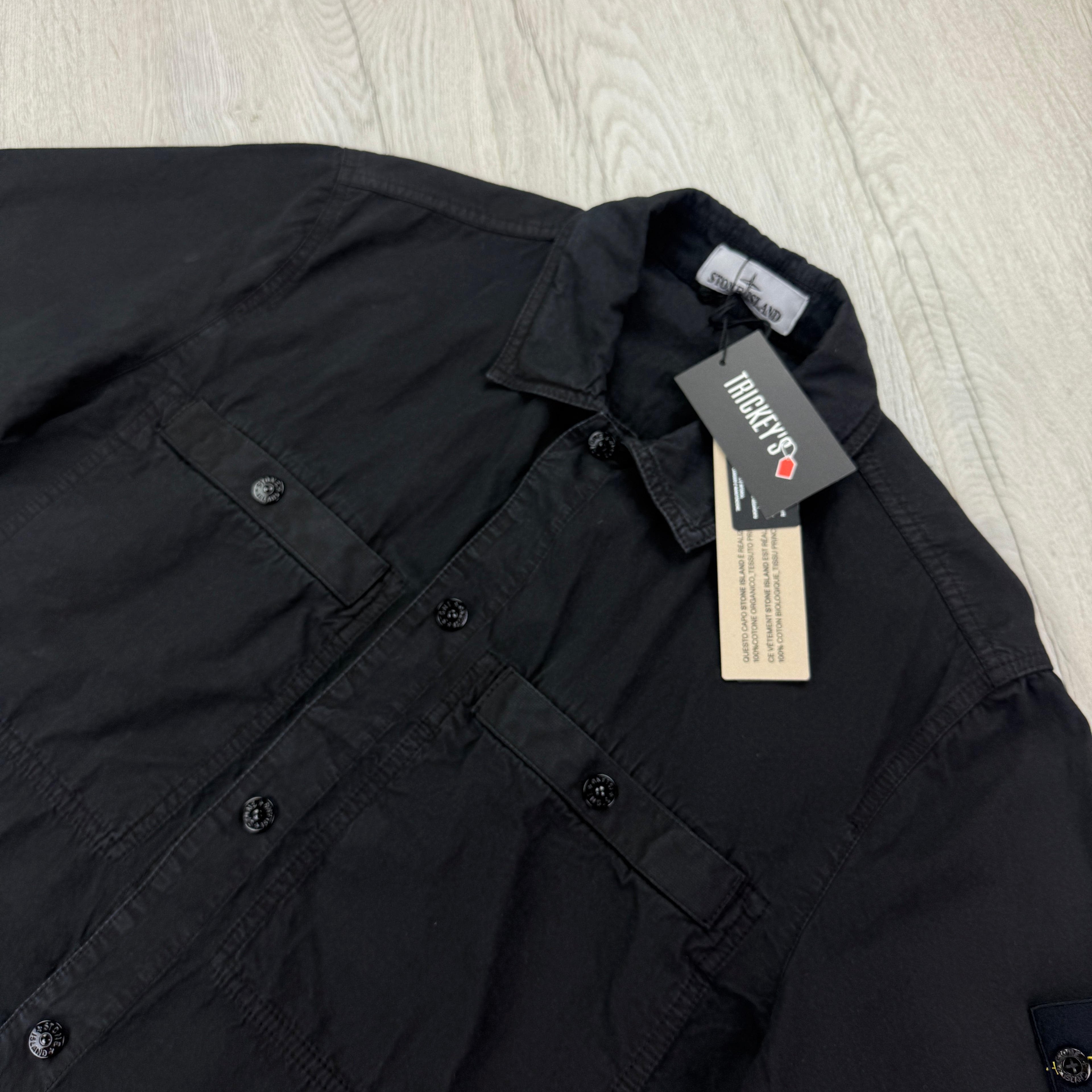 Stone Island Men’s Black Button Up Short Sleeve Shirt With Badge - Medium