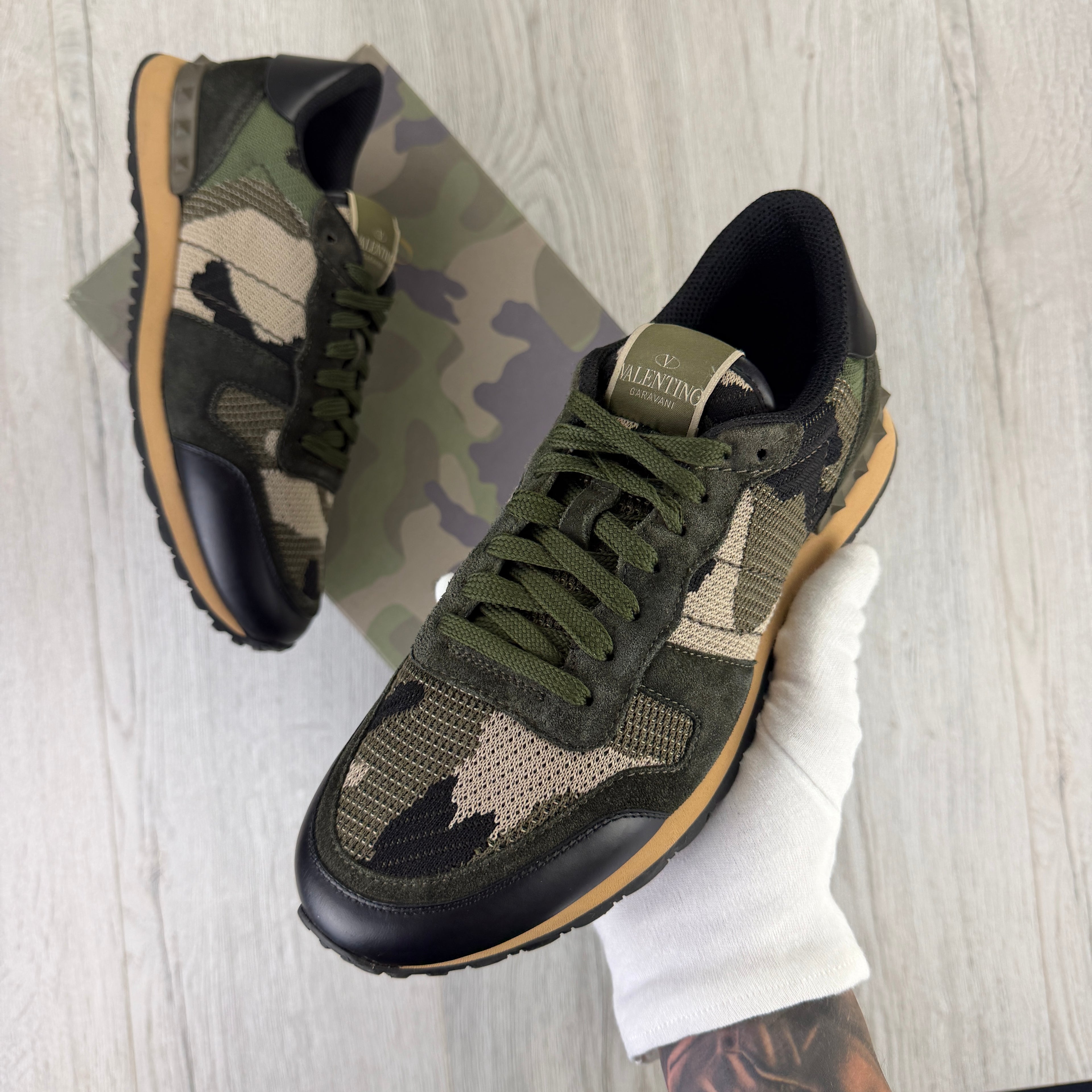 Valentino Men’s Khaki Camo  Mesh Rockrunner Trainers - Uk 7