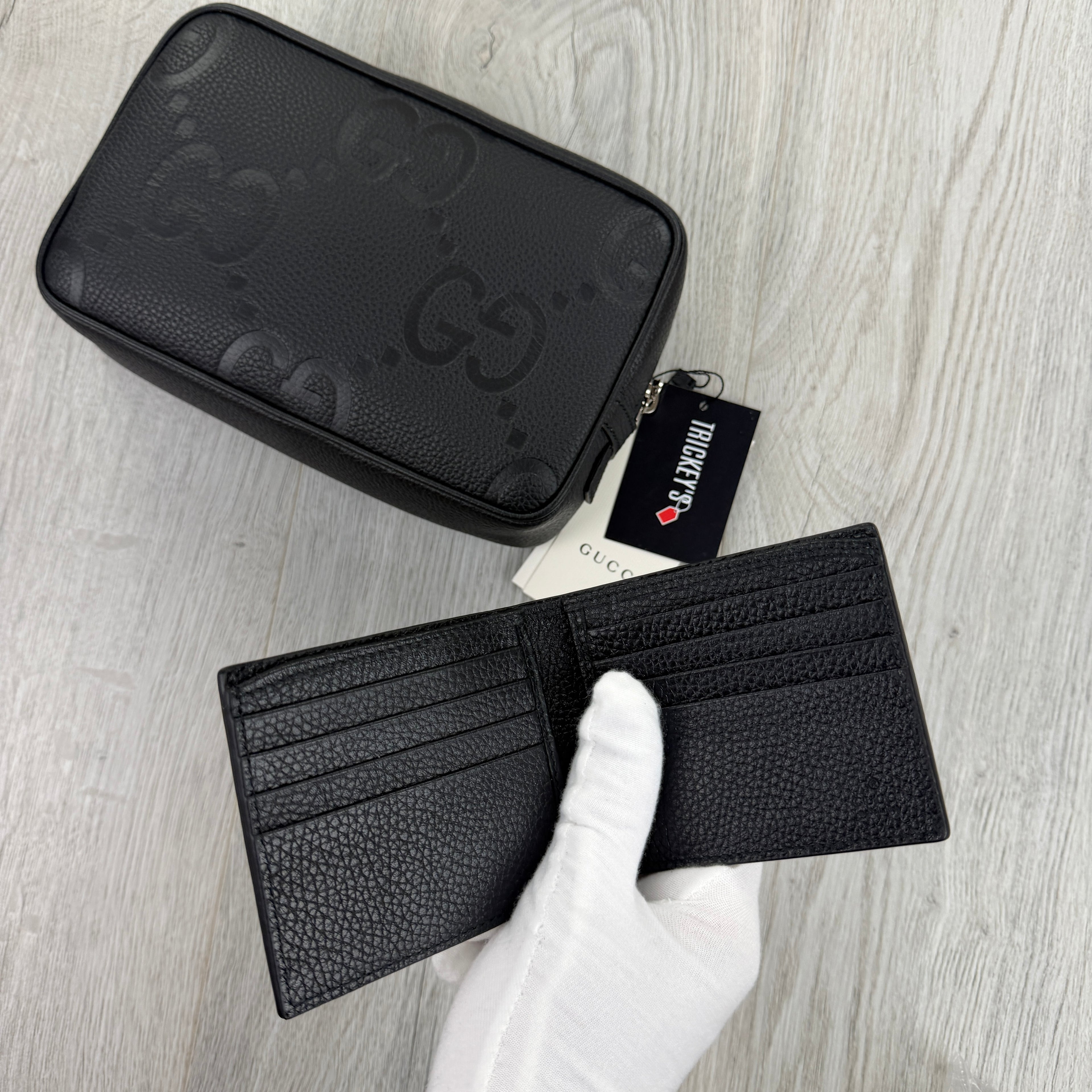 Gucci Jumbo GG Black Leather Toiletry / Travel Bag & Jumbo Wallet