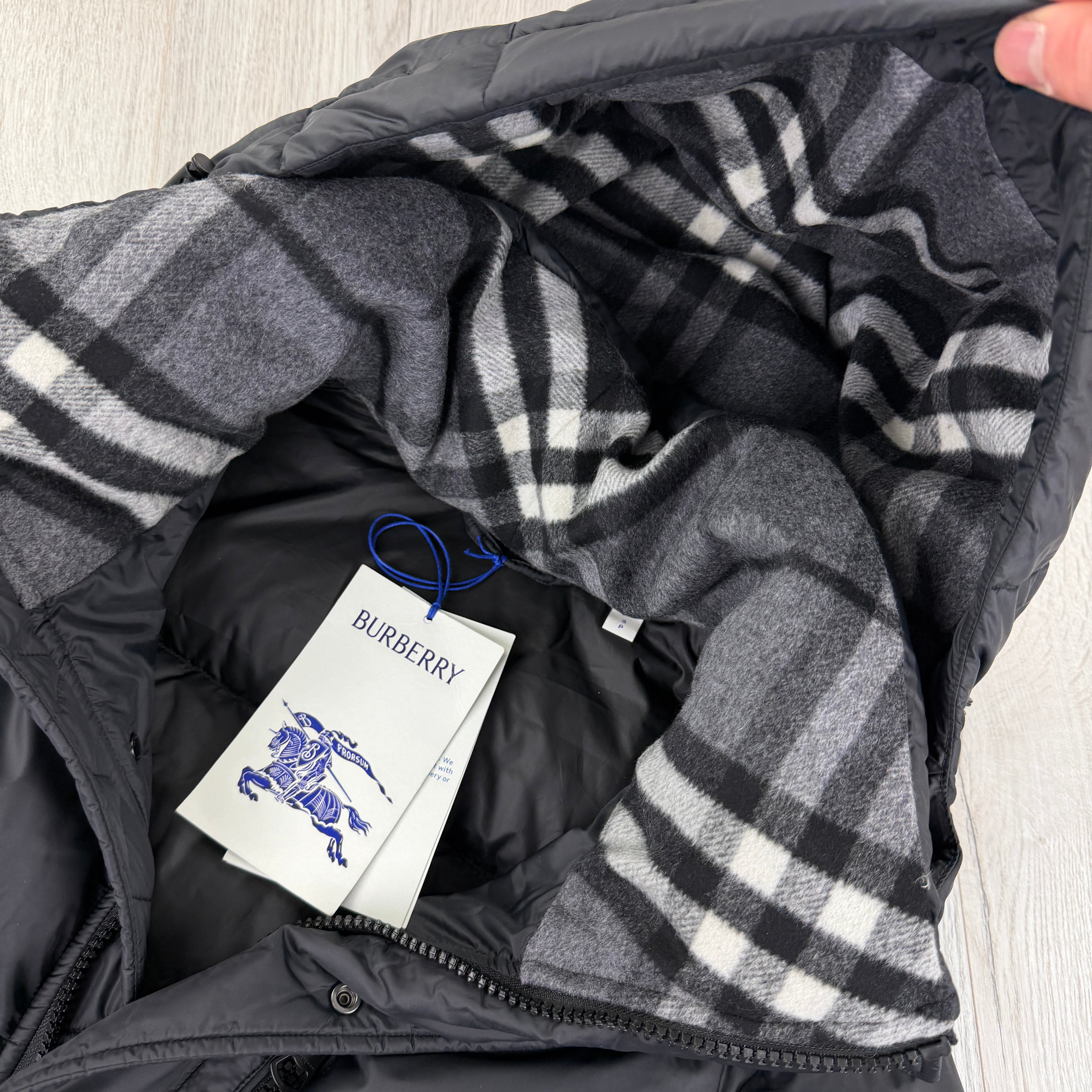 Burberry Men’s Haworth Hooded Check Black Down Jacket - Small (Fit Medium)
