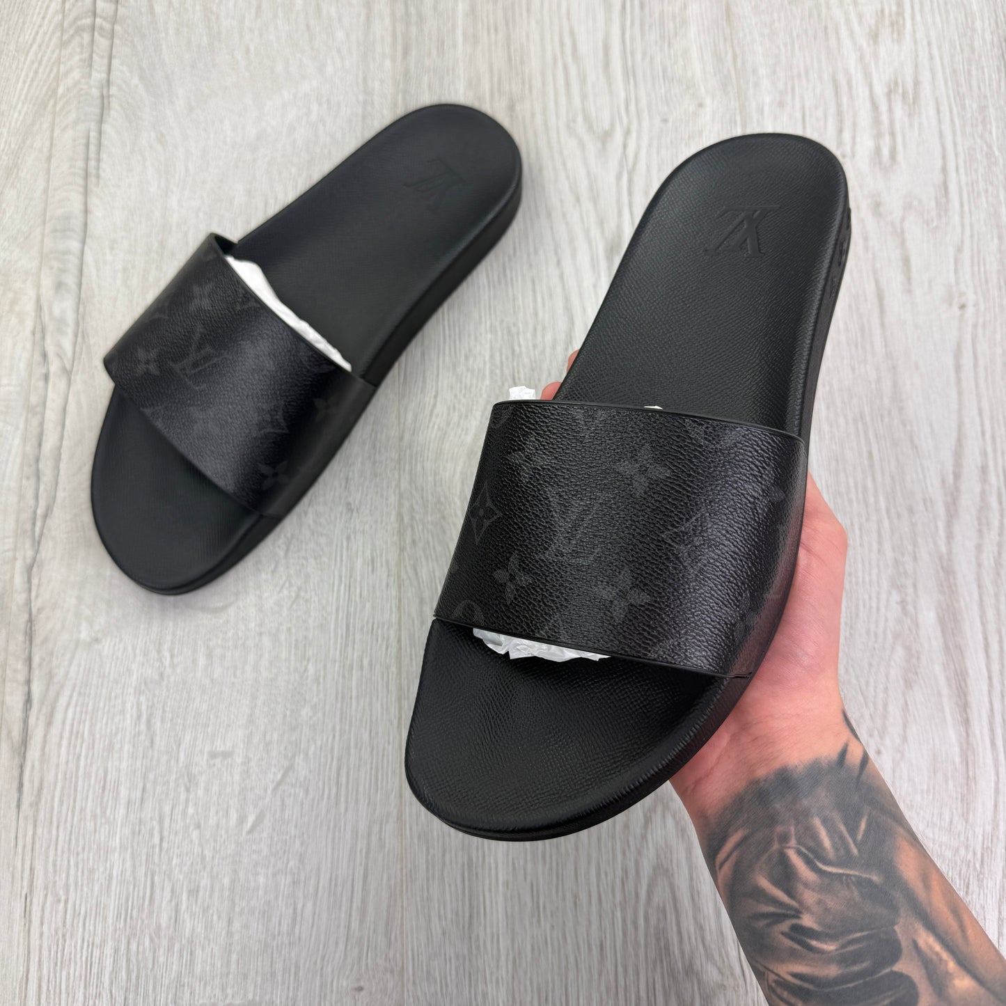 Louis Vuitton Men’s Black Leather Sliders - Uk 9