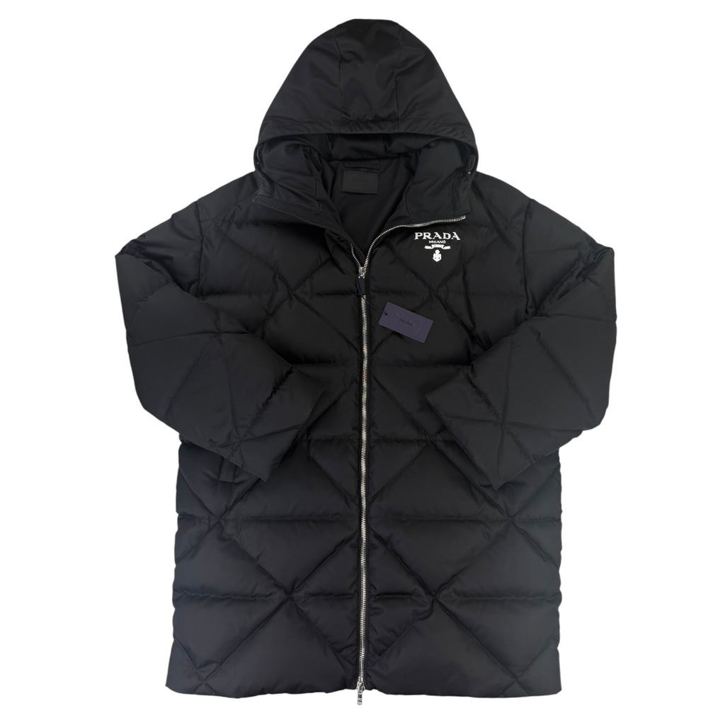 Prada Men’s Black Re-Nylon Triangle Padded Long Down Jacket White Logo - 50 (Fit XL)