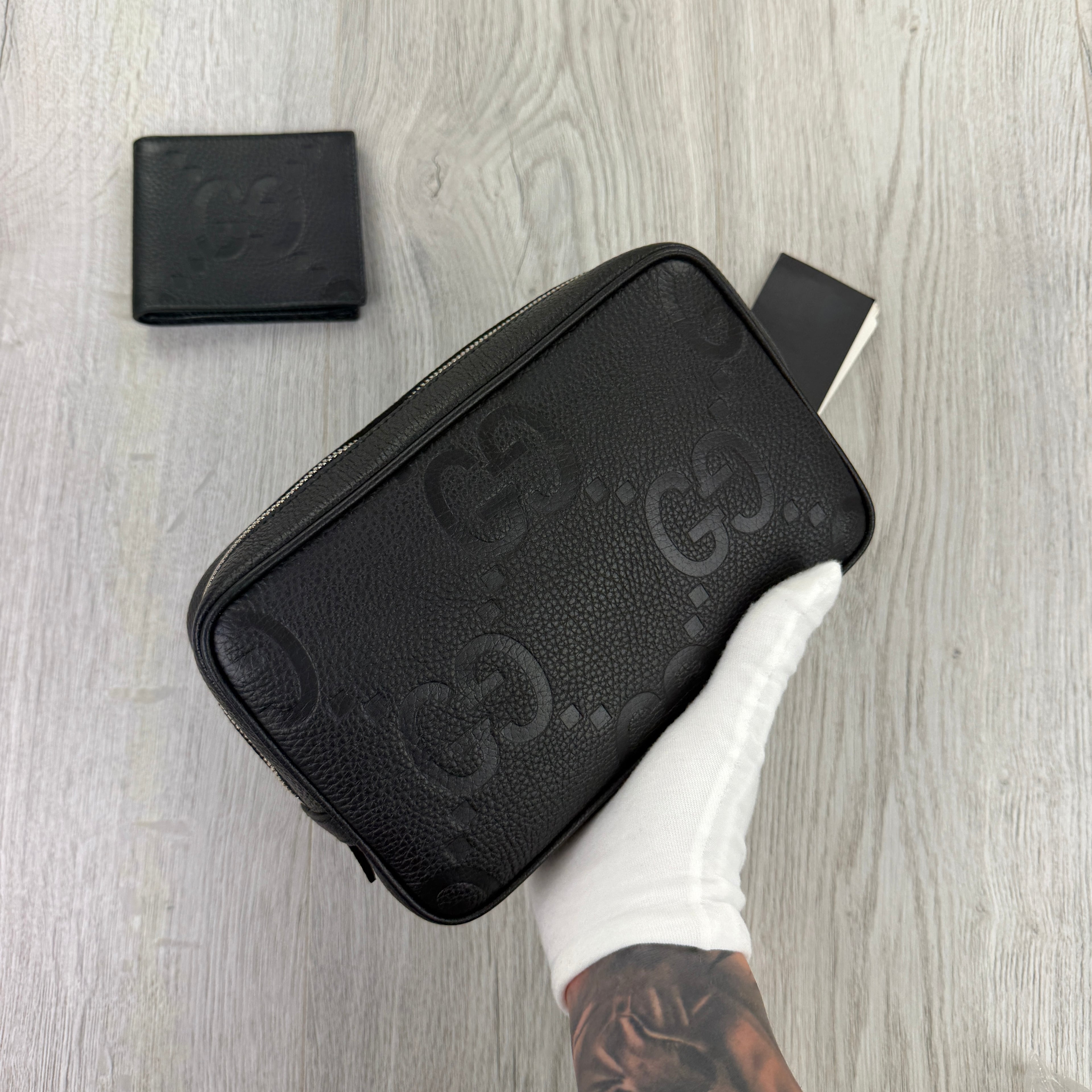 Gucci Jumbo GG Black Leather Toiletry / Travel Bag & Jumbo Wallet