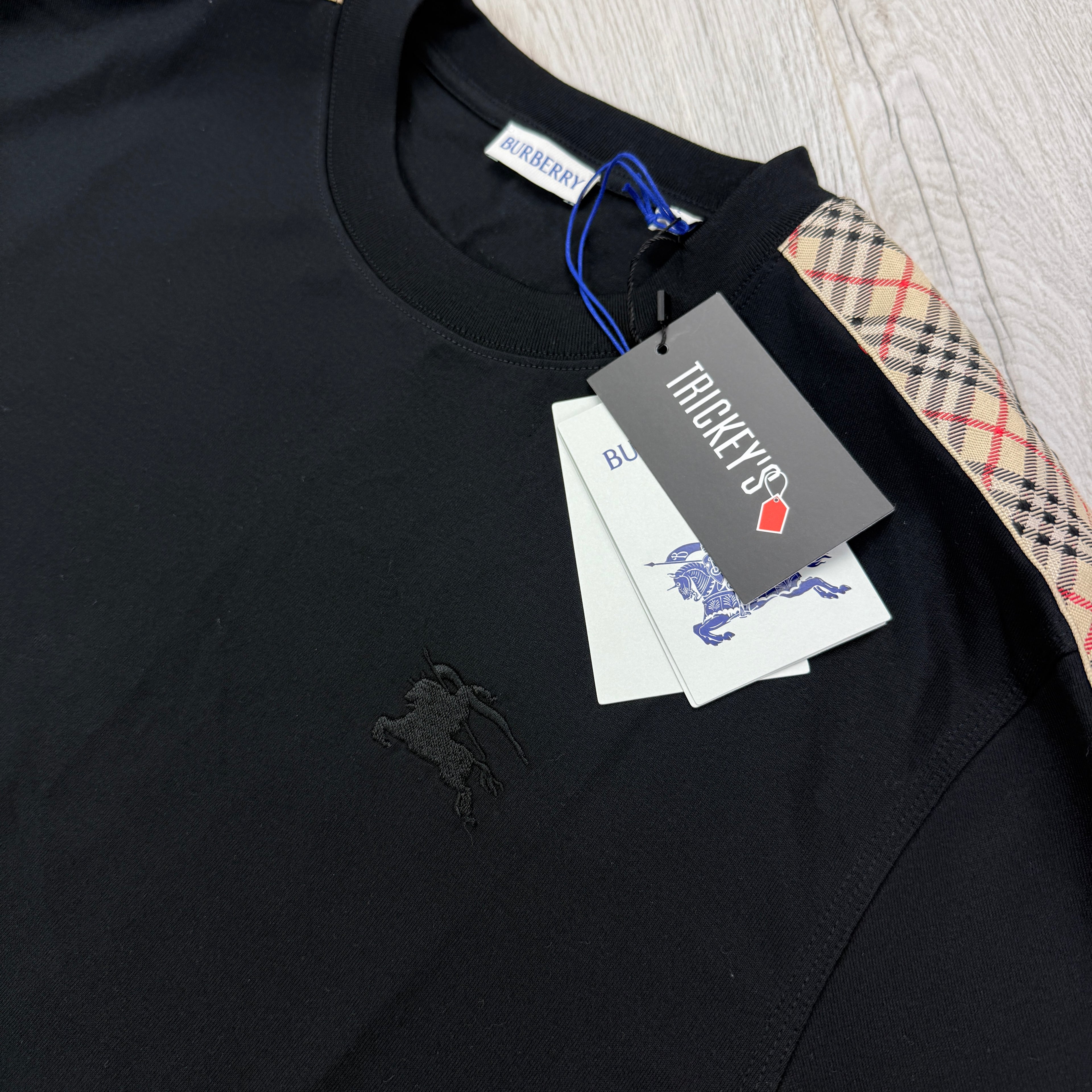 Burberry Men’s Black Check Trim Cotton T-shirt - XL