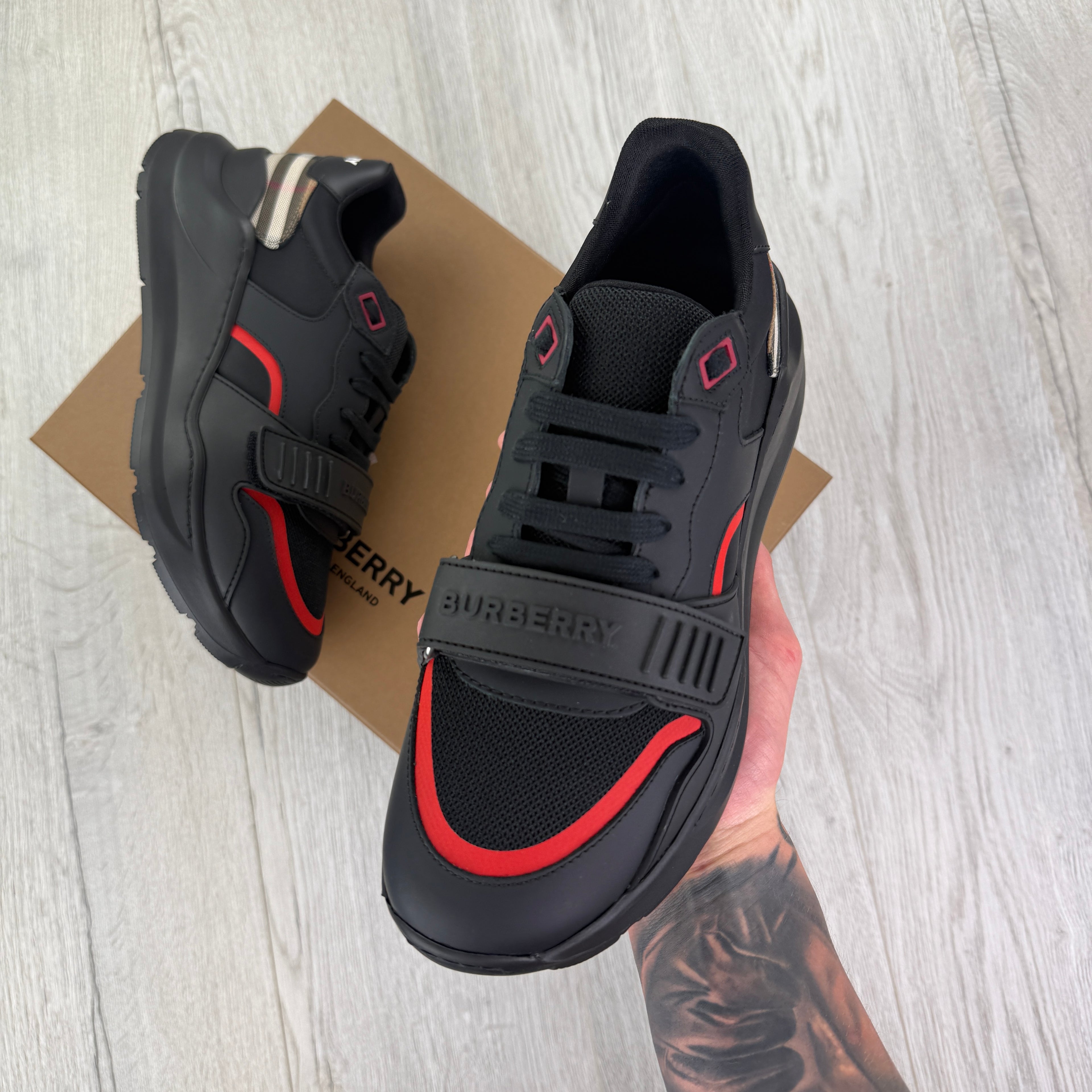 Burberry Men’s Black & Red Ramsey Check Trainers