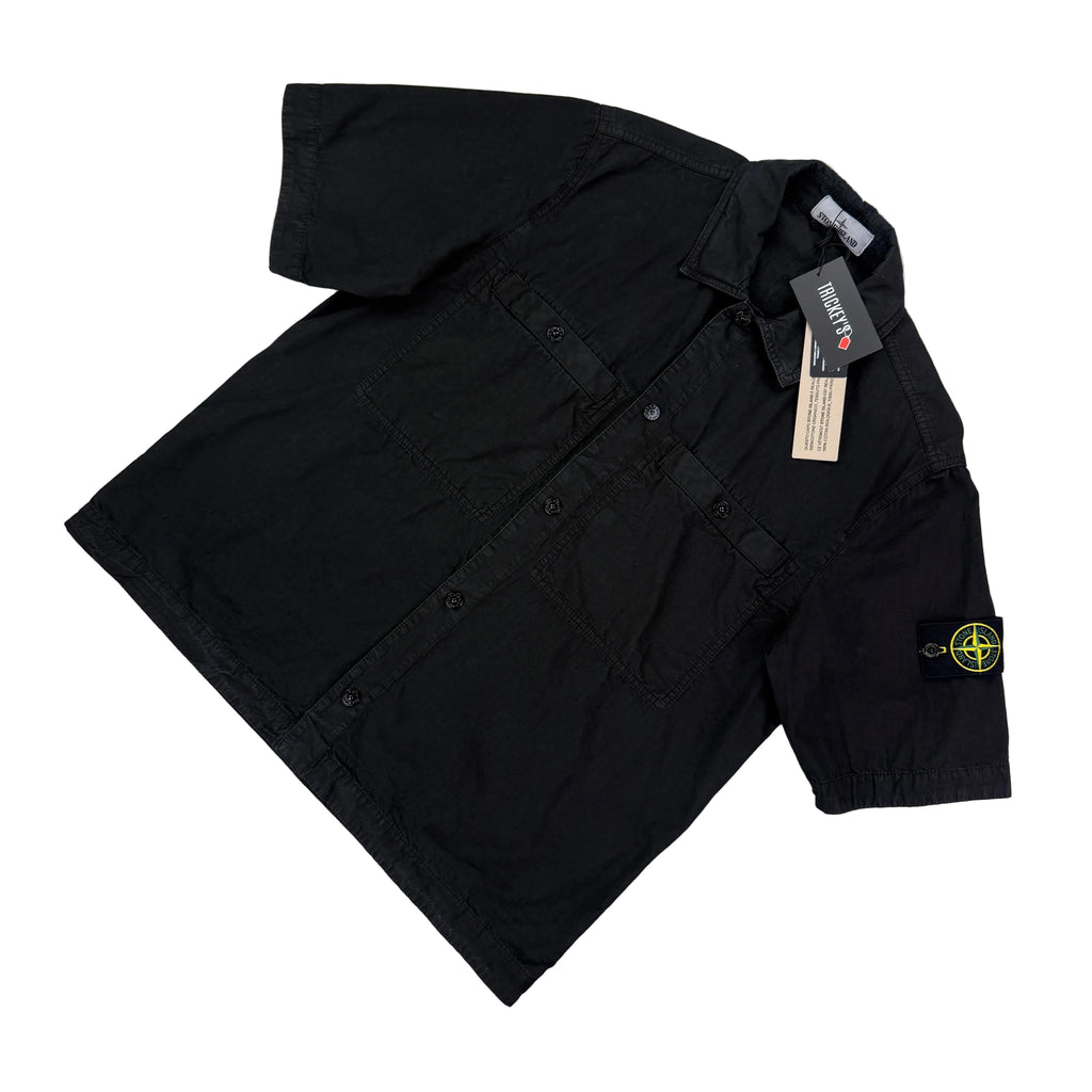Stone Island Men’s Black Button Up Short Sleeve Shirt With Badge - Medium