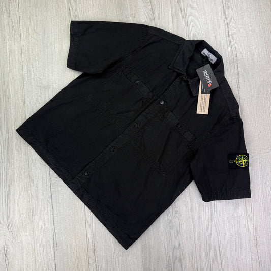 Stone Island Men’s Black Button Up Short Sleeve Shirt With Badge - Medium