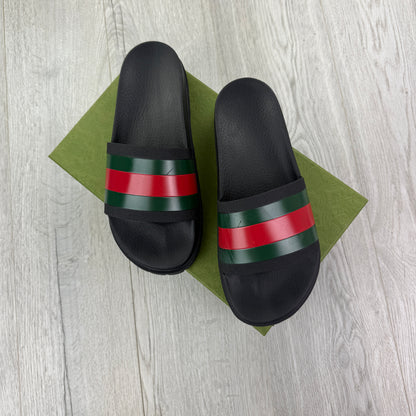 Gucci Men’s Black Sandal With Web Sliders - Uk 11