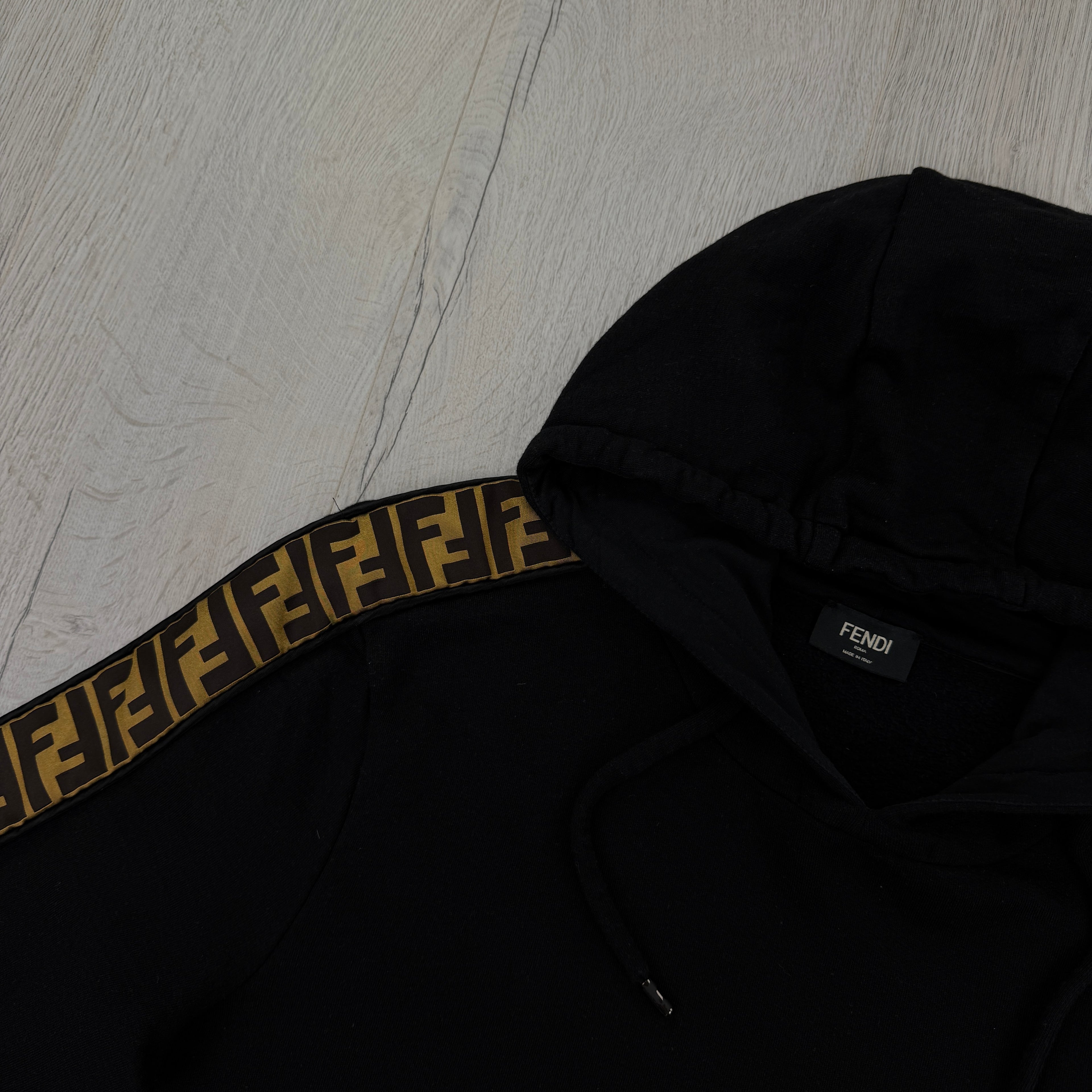 Fendi Men’s Black Pullover Hoodie FF Logo Down Sleeve - Large