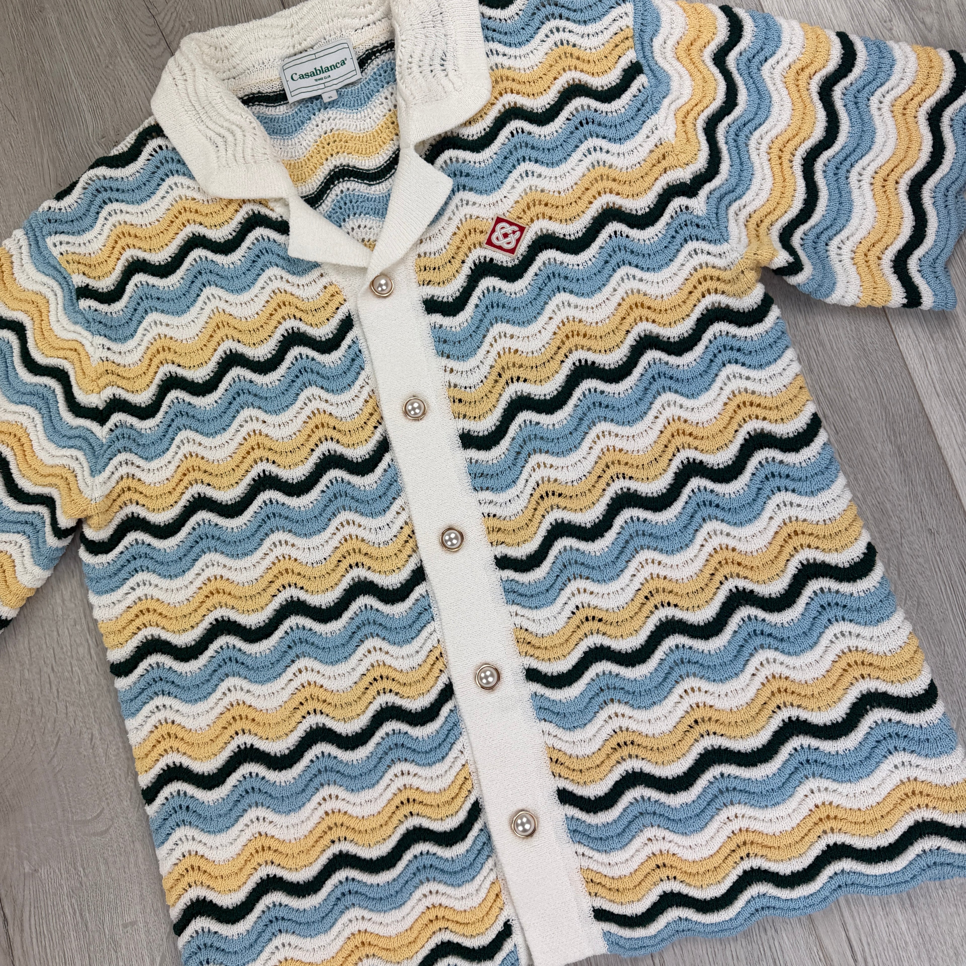 Casablanca Men’s Tennis Stripe Crochet Short Sleeve Shirt & Shorts Set - XL