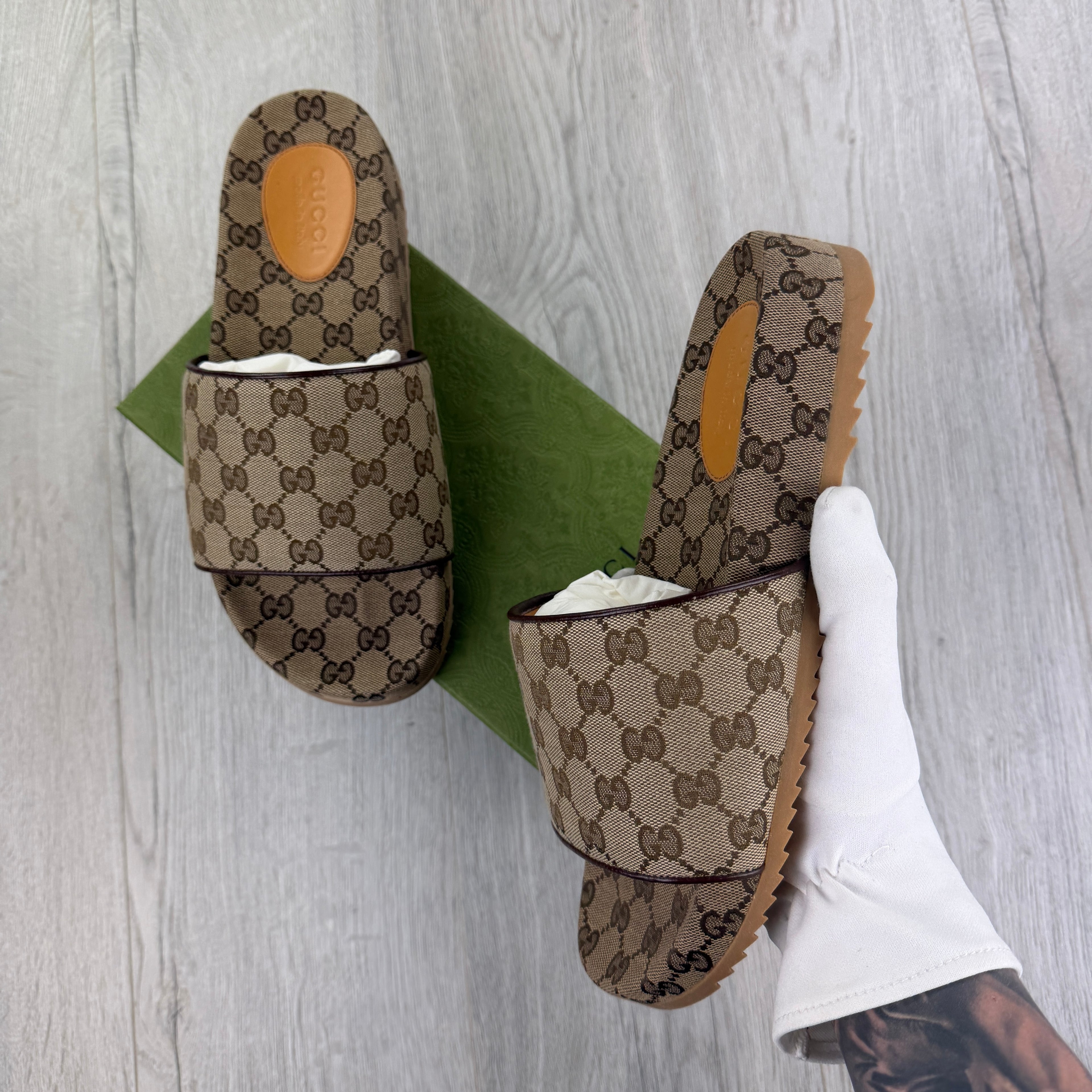 Gucci Men’s Beige GG Canvas Sliders