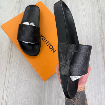 Louis Vuitton Men’s Black Leather Sliders - Uk 7 (Fit 8)