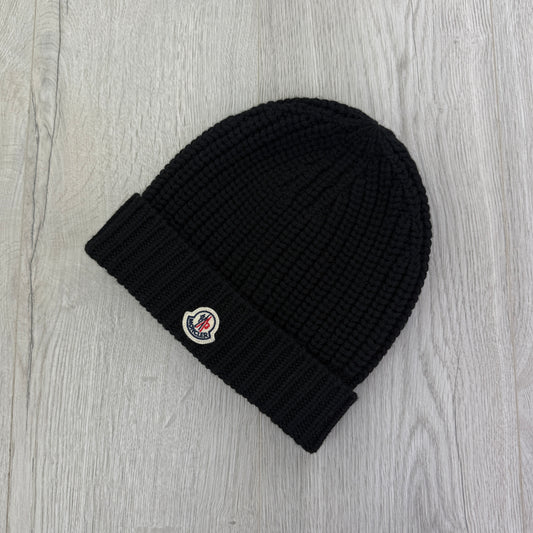Moncler Logo Patch Ribbed Black Beanie
