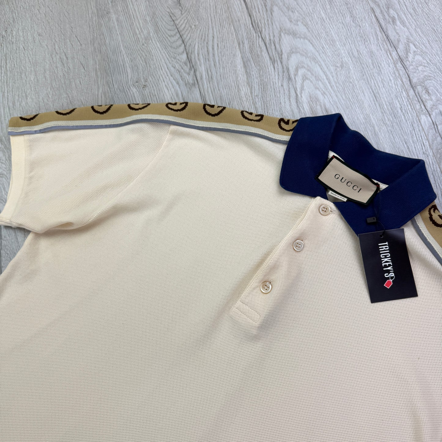 Gucci Men’s Beige Polo With Interlocking G Stripe -  Large