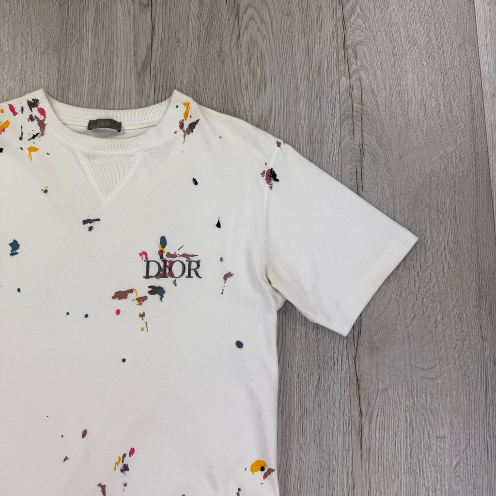 Dior Men’s White Paint Splattered T Shirt - Small