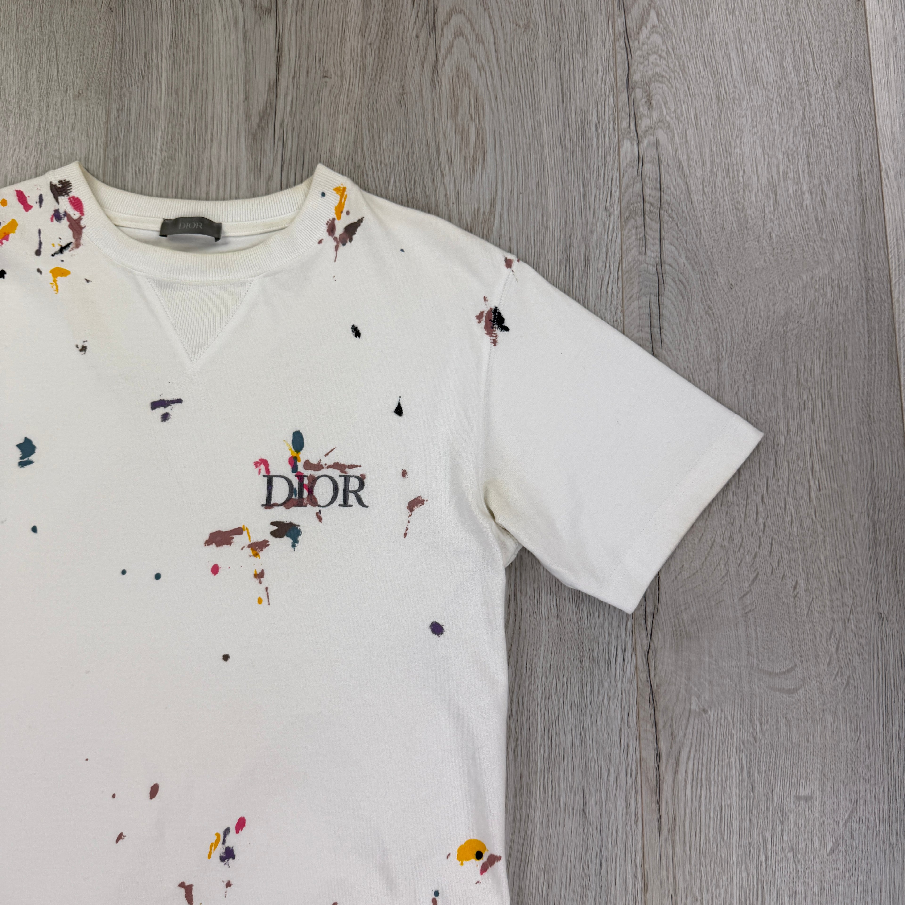 Dior Men’s White Paint Splattered T Shirt - Small