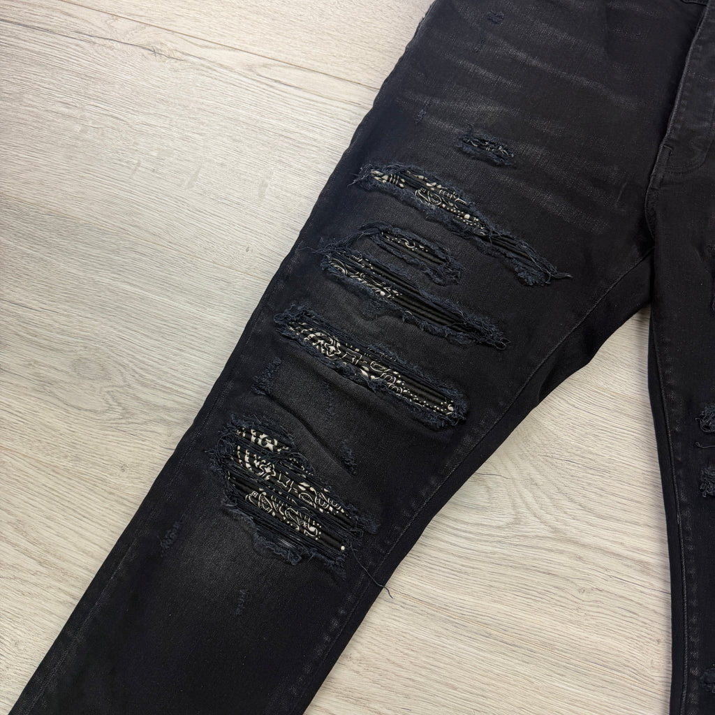 Amiri Men’s Black Distressed MX1 Bandana Ripped Jeans - Uk 33