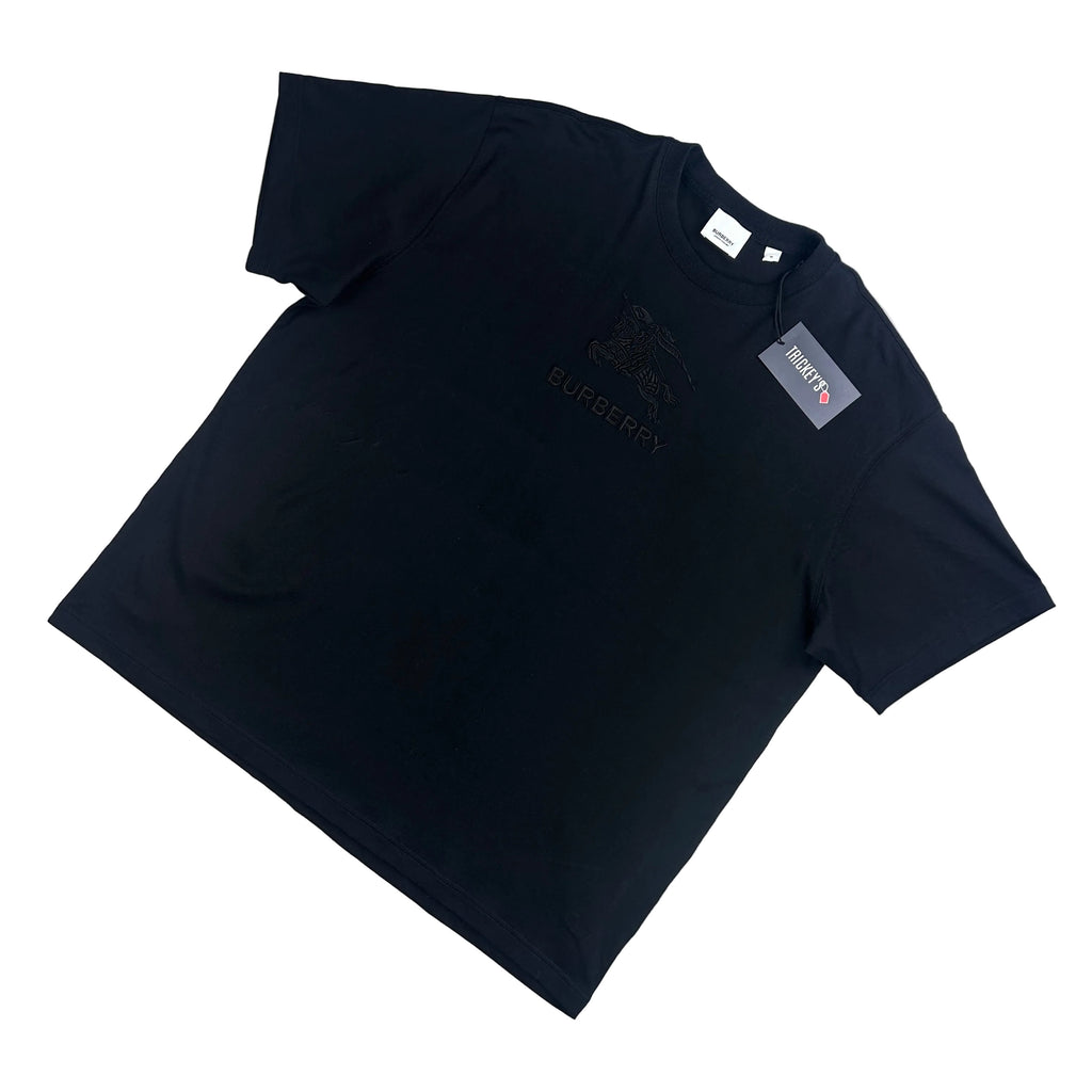 Burberry Men’s Black Embroidered Logo T-shirt - Medium Oversized