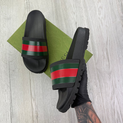 Gucci Men’s Black Sandal With Web Sliders - Uk 11