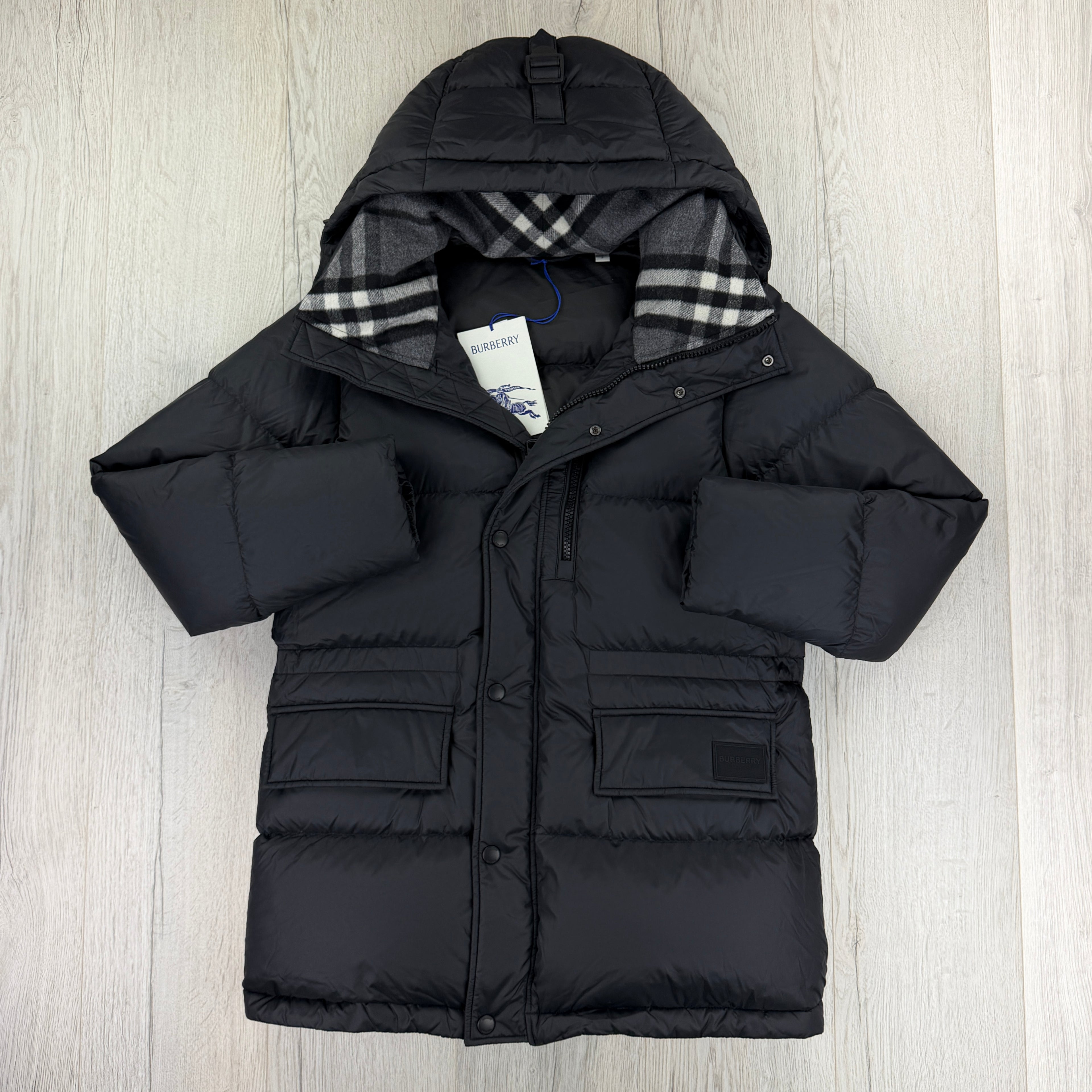 Burberry Men’s Haworth Hooded Check Black Down Jacket - Small (Fit Medium)