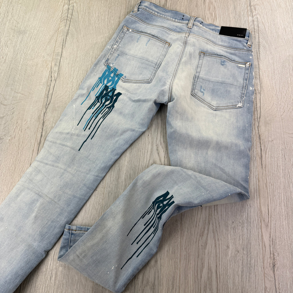 Amiri Men’s MX1 MA Logo Drip Blue Distressed Jeans