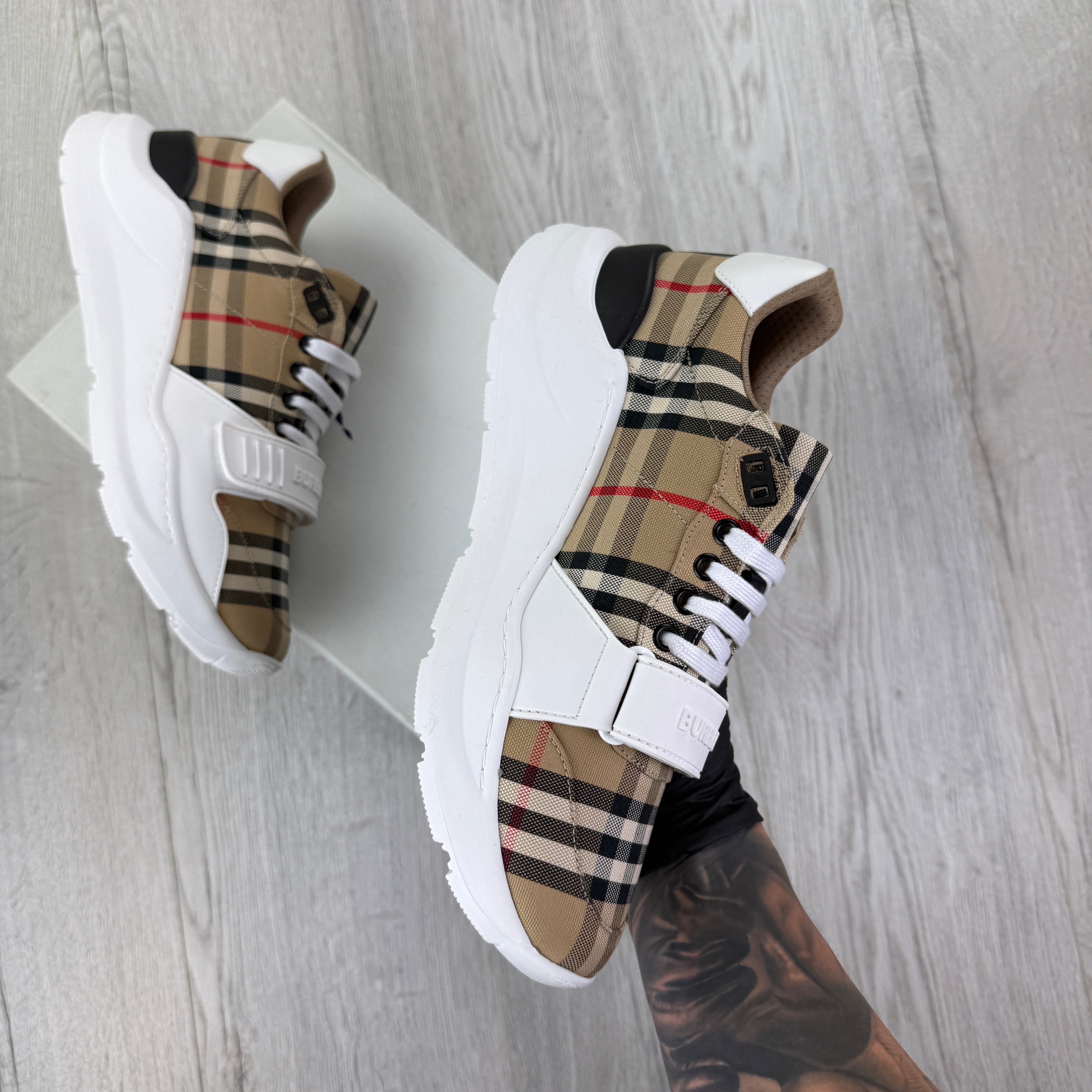 Burberry Men’s Vintage Check, White Leather Trainers