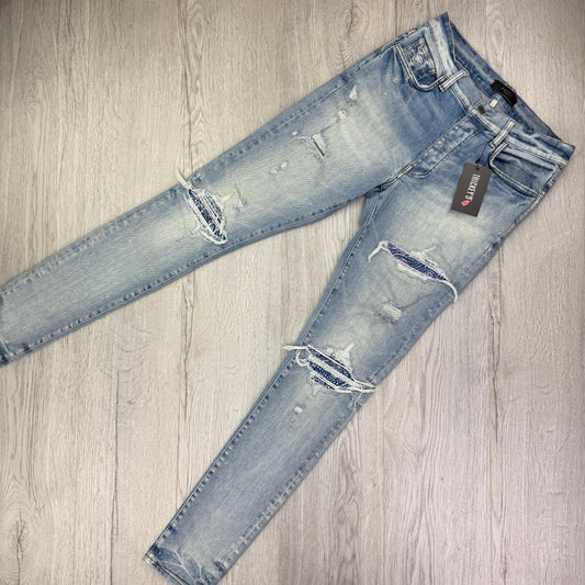 Amiri MX1 Light Blue Distressed Ripped Indigo Bandana Patched Jeans - Uk 31