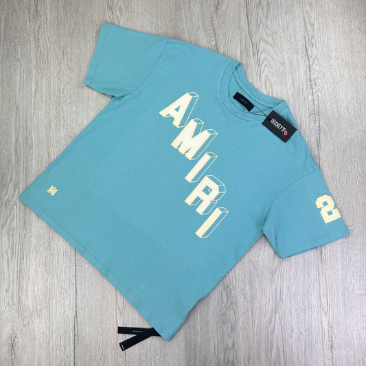 Amiri Men’s Turquoise 23 T-shirt White Velvet Logo