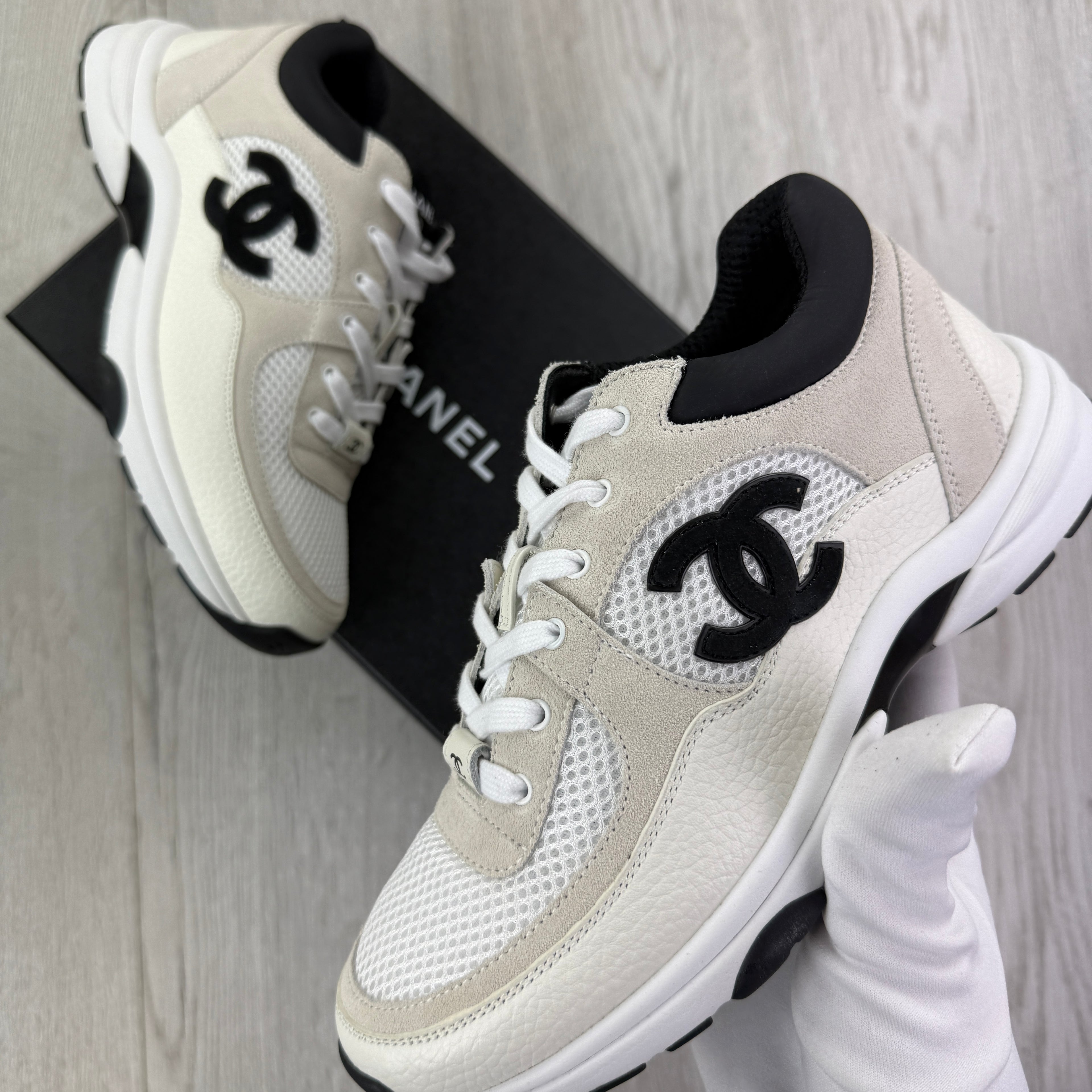 Chanel Women’s Low Top Beige / Black Suede Trainers