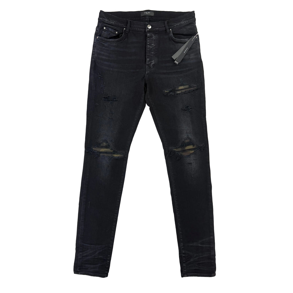 Amiri MX1 Men’s Black Distressed Core Camouflage Applique Jeans