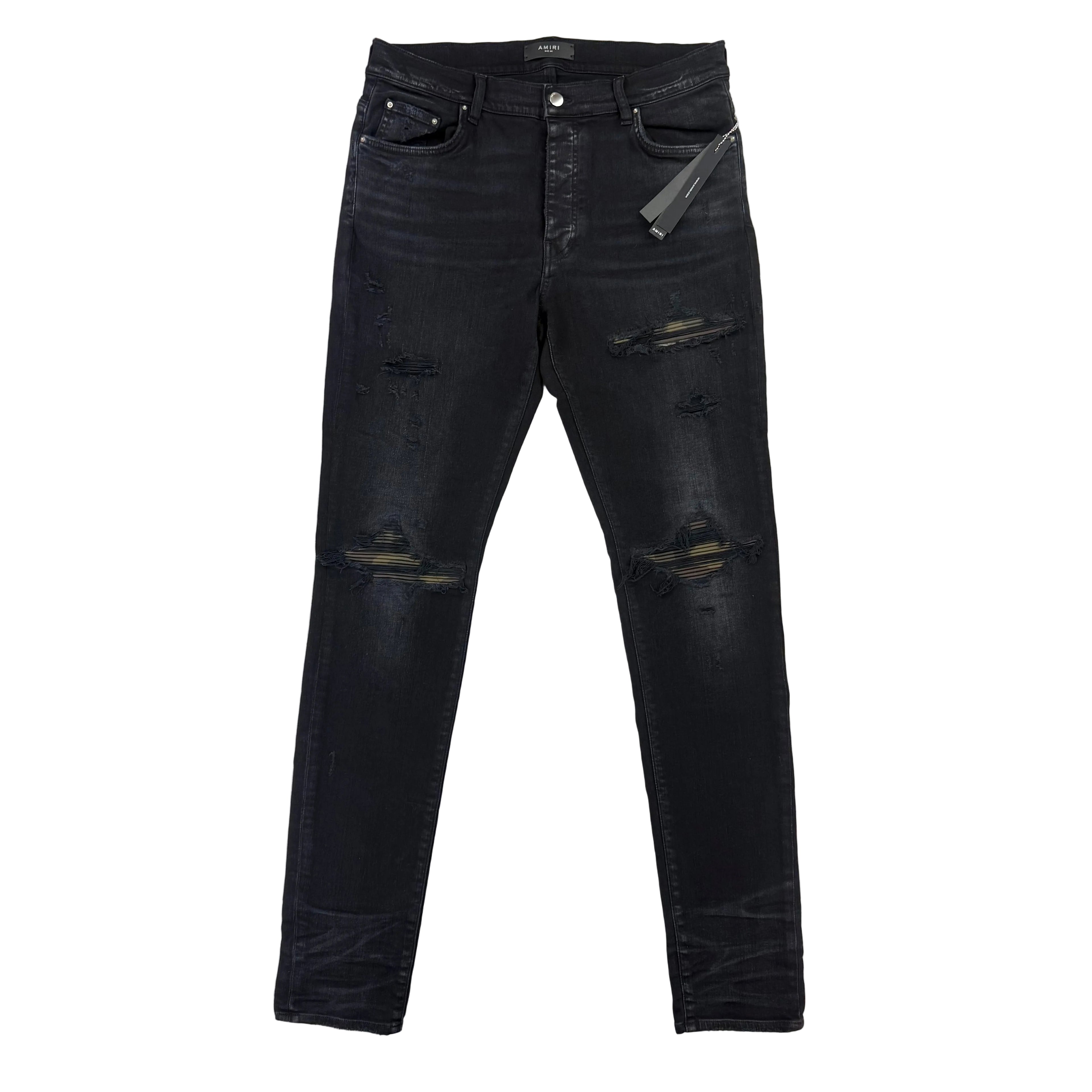 Amiri MX1 Men’s Black Distressed Core Camouflage Applique Jeans