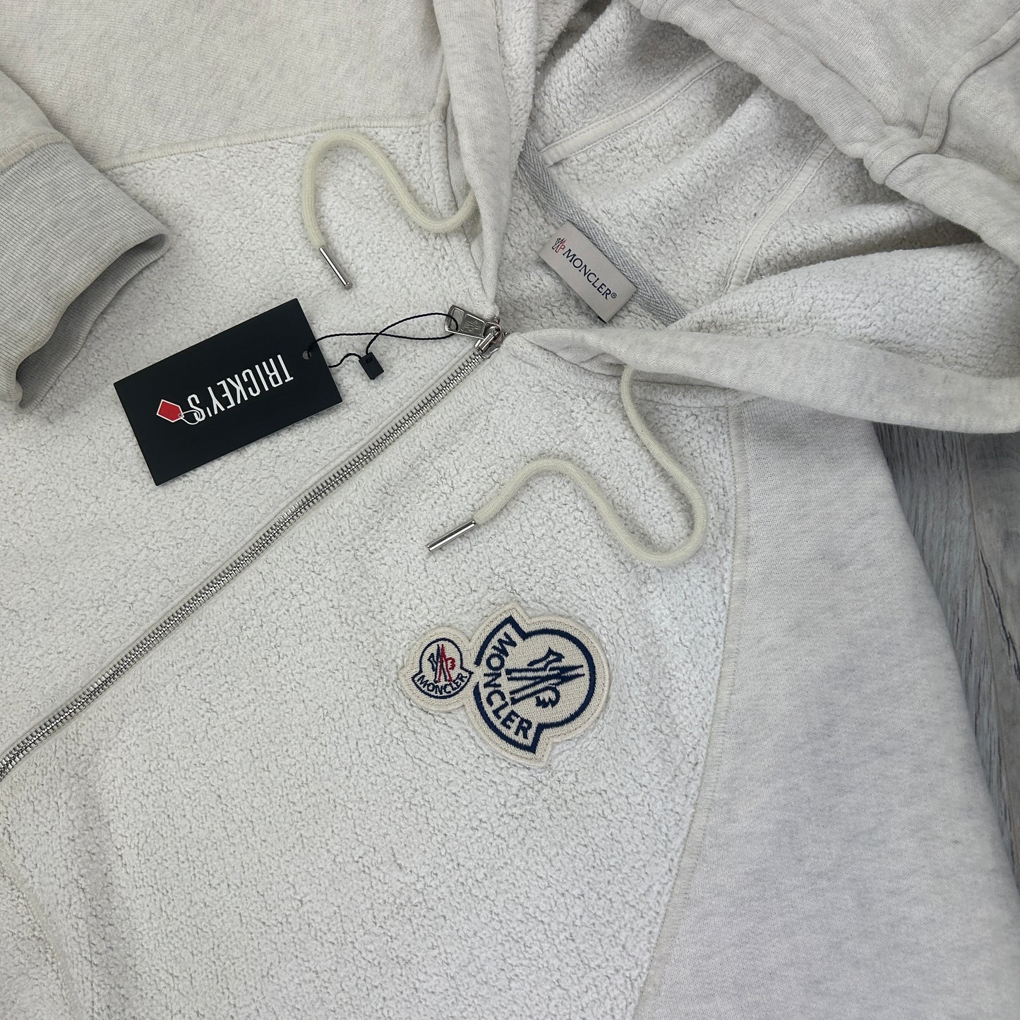 Moncler Men’s Double Badge Zip-up Light Grey Cotton & Shearing Hoodie - XL Slim